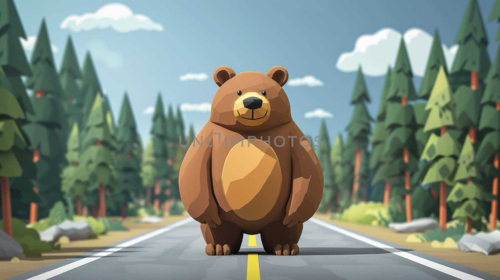 A cartoon bear standing on a road in the middle of trees