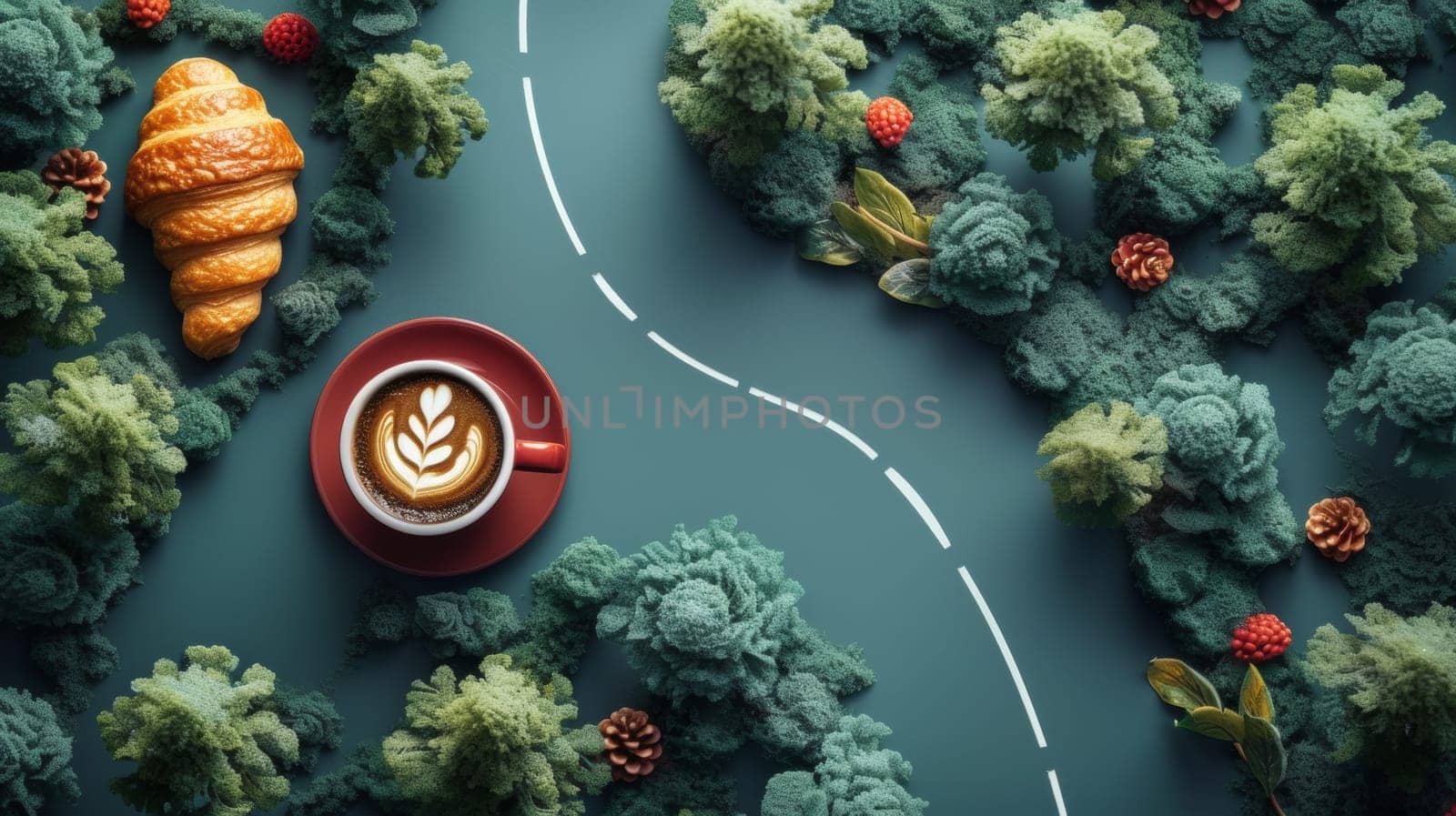 A cup of coffee and croissant on a table surrounded by trees