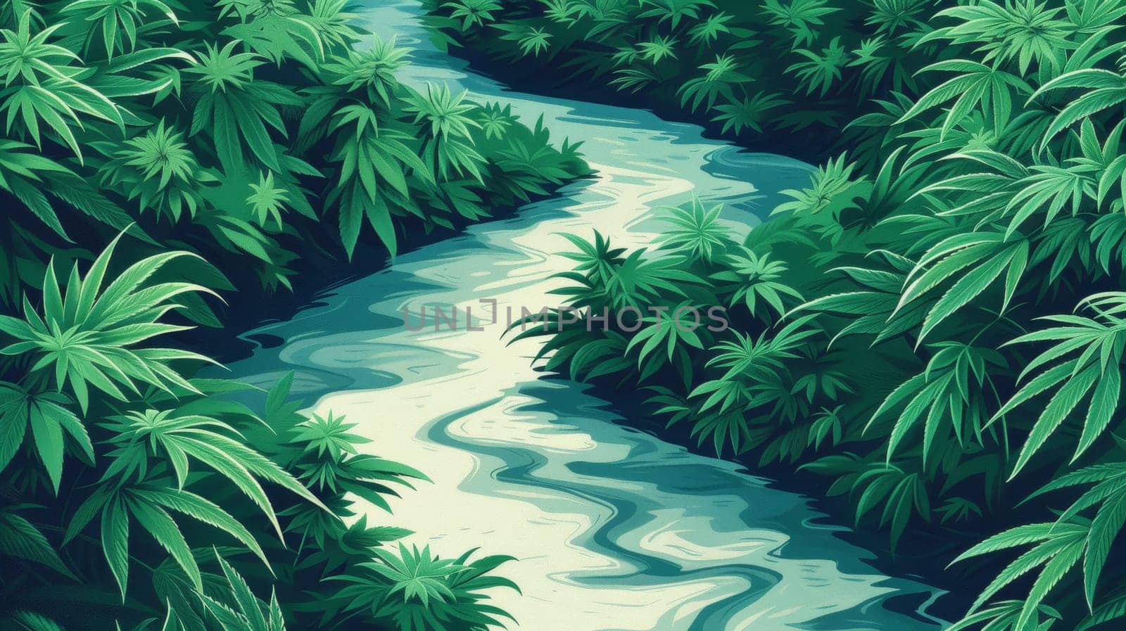 A river running through a forest of marijuana plants