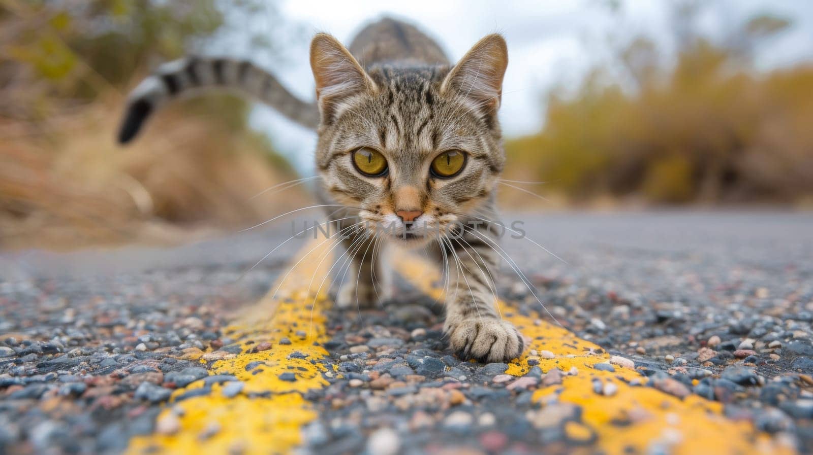 A cat walking on a yellow line in the middle of road