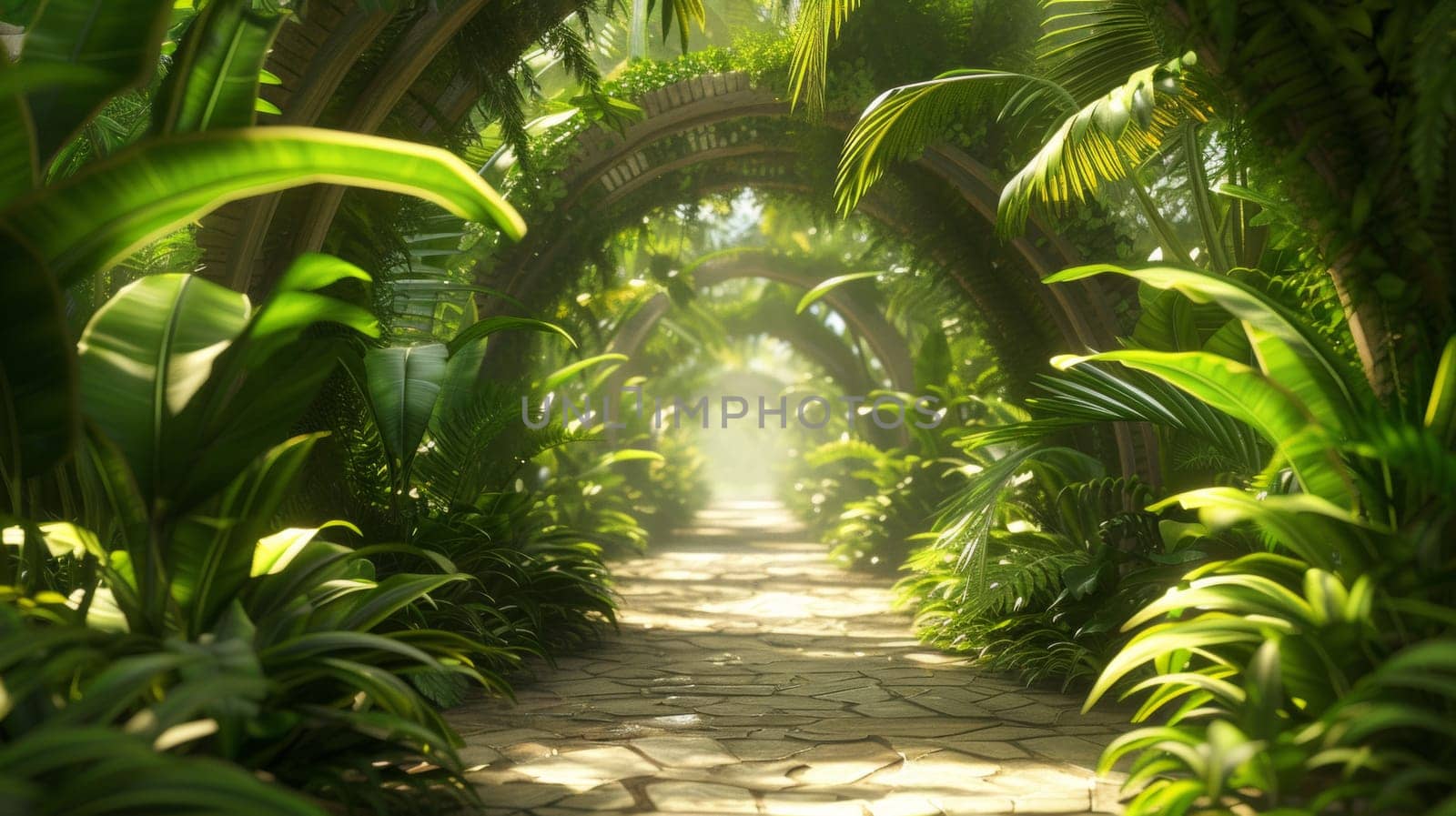 A pathway through a jungle of plants and trees with stones