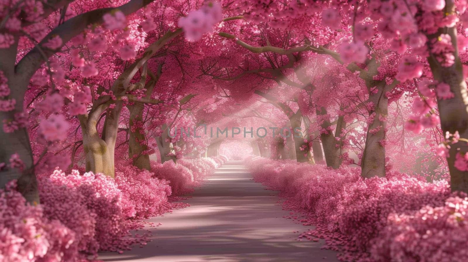 A path lined with pink flowers and trees in the background