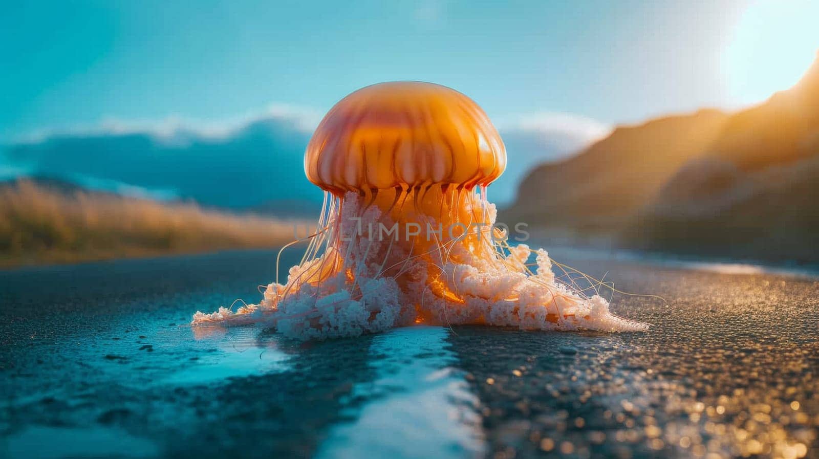 A jellyfish is sitting on the road in front of a car