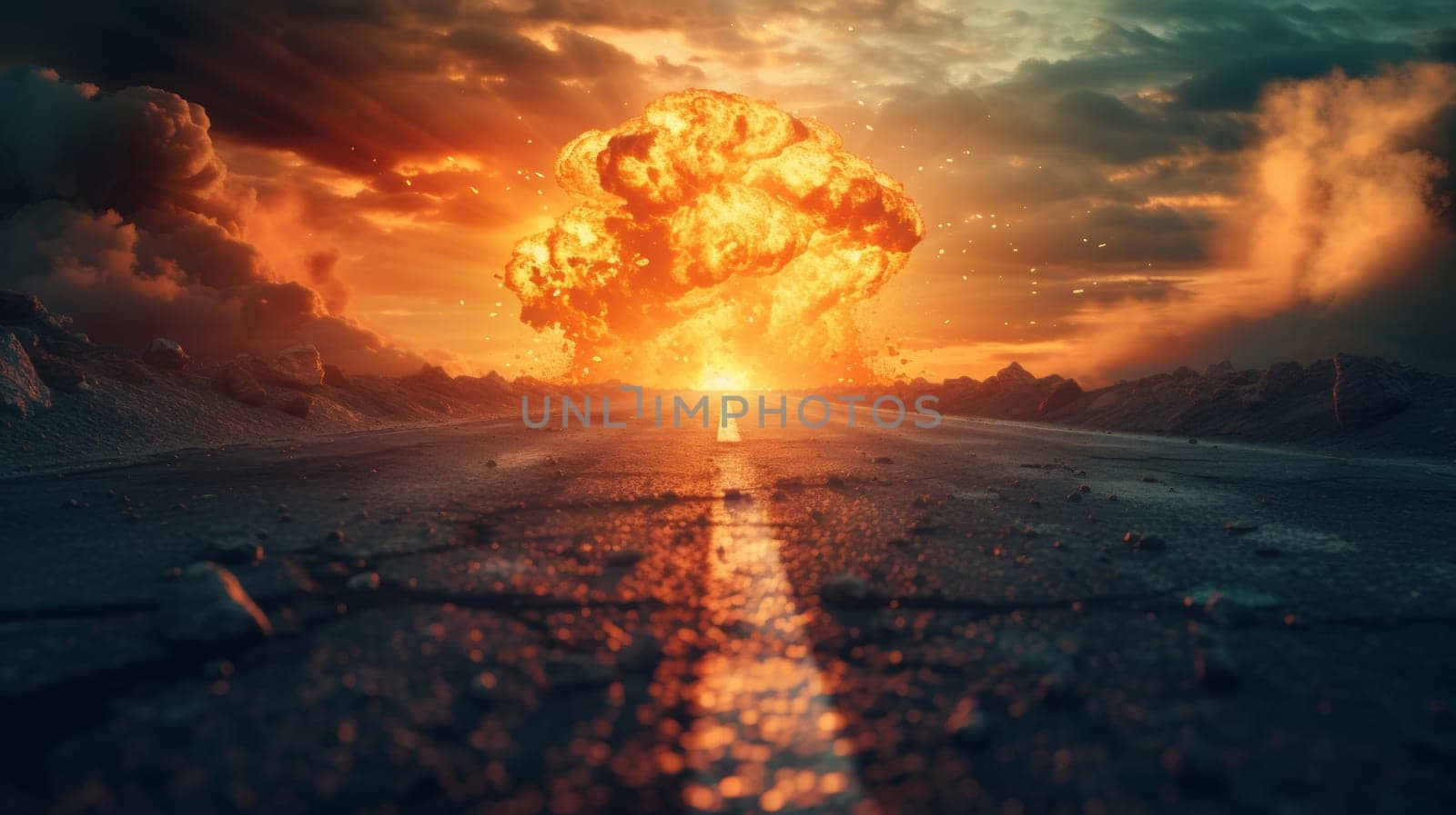 A large explosion is seen in the distance on a road