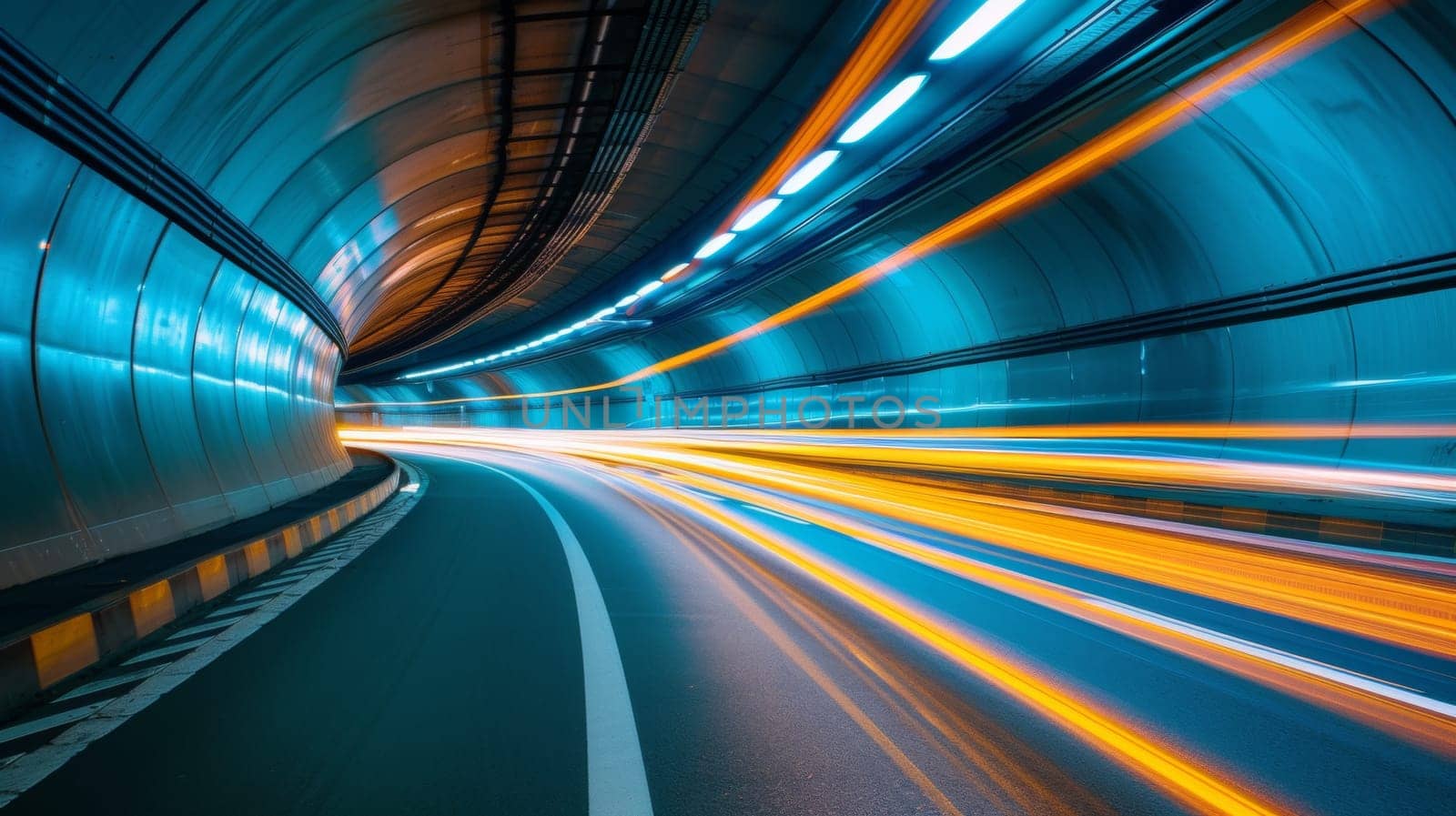 A tunnel with light streaks in it and a car driving through