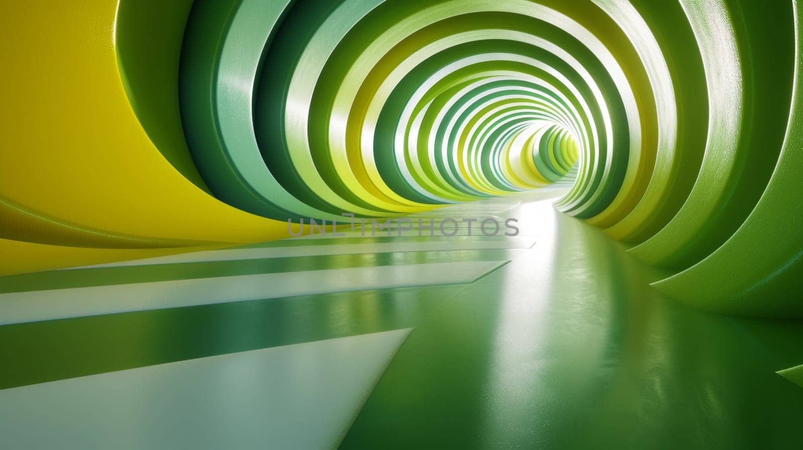 A green and yellow colored tunnel with a white stripe