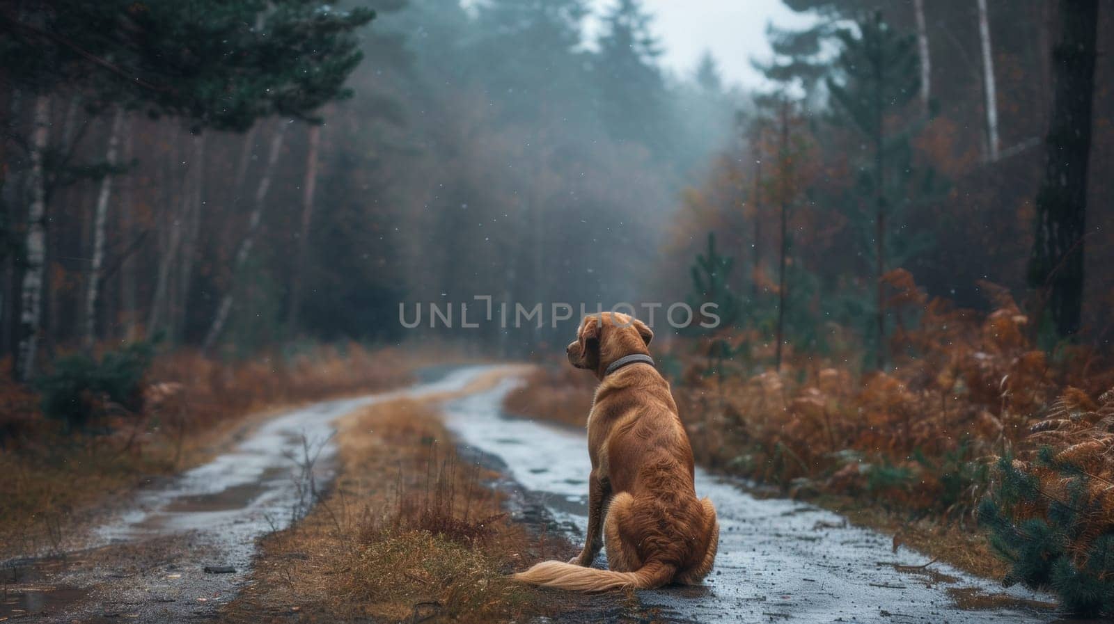 A dog sitting on a road in the woods looking at something