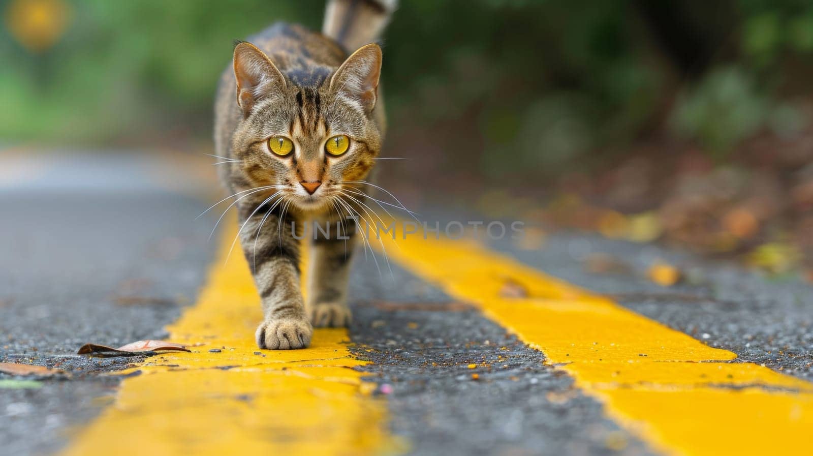 A cat walking across a yellow painted road with its eyes wide open