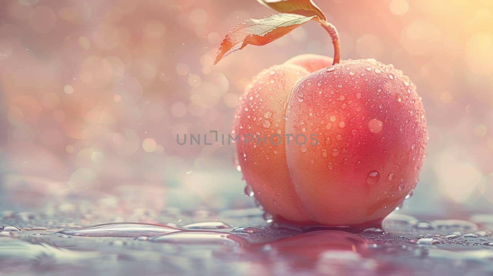 A peach with a leaf on it sitting in water