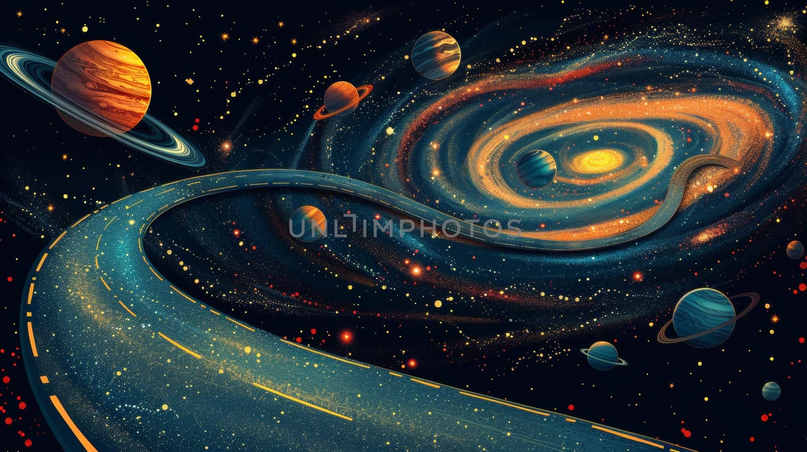 A road leading to the galaxy with planets and stars in it