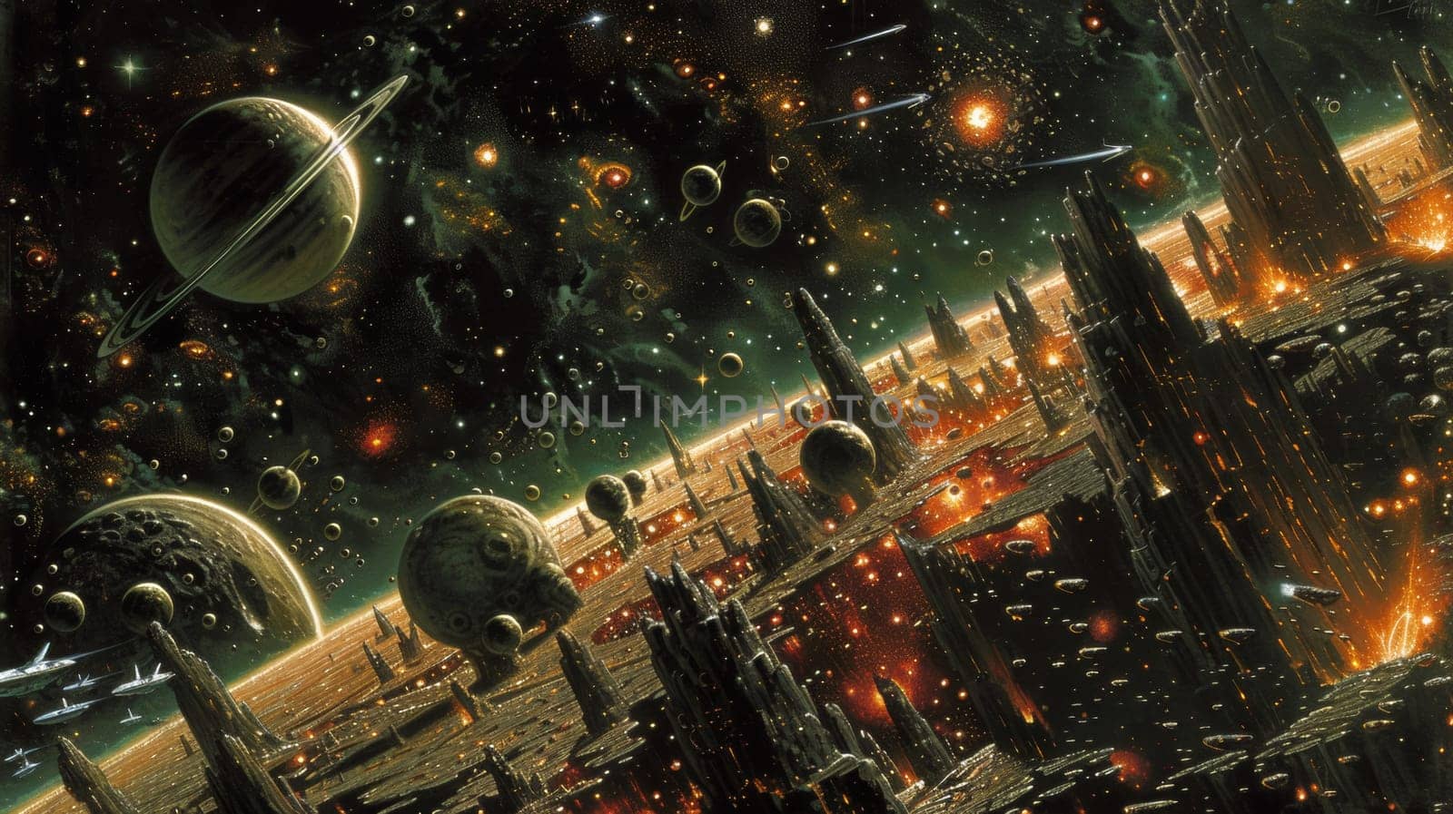 A large painting of a space scene with planets and stars