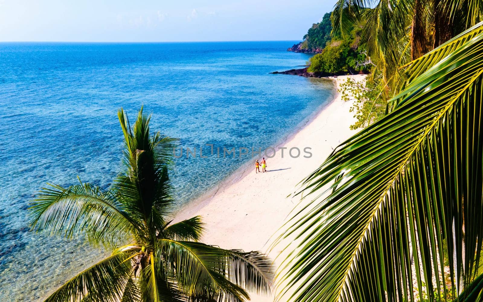 drone view through palm leaves at a couple of men and women walking on the tropical beach of Koh Kradan Island Thailand, see through palm leaves at a blue ocean, summer holiday vacation