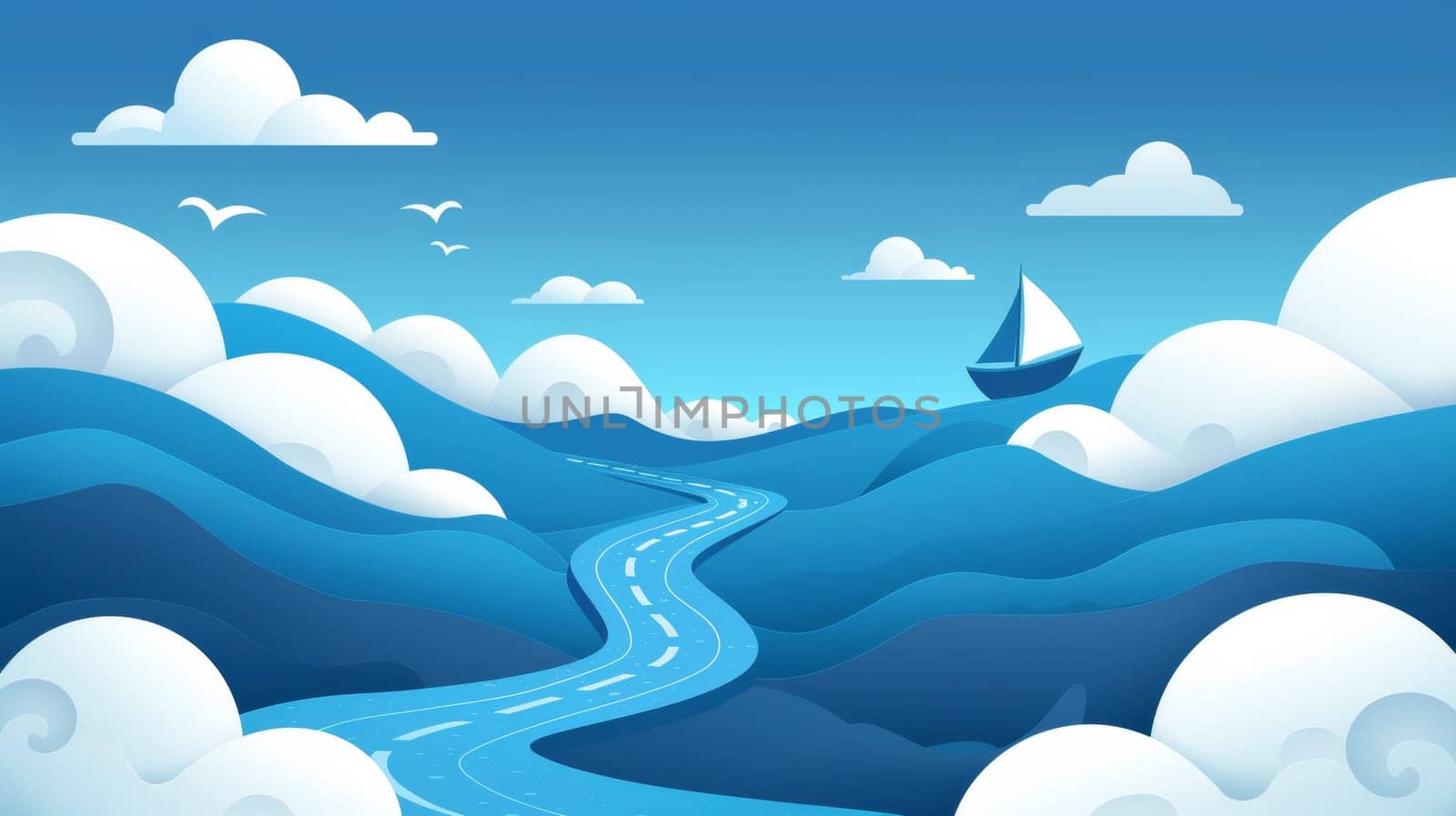 A cartoon illustration of a road with mountains and clouds in the background