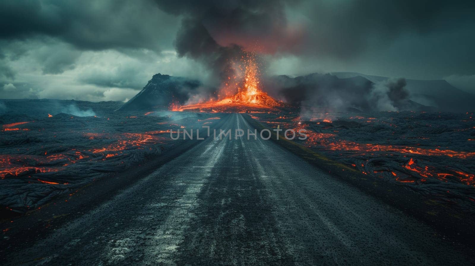 A road leading to a volcano with lava spewing out of it