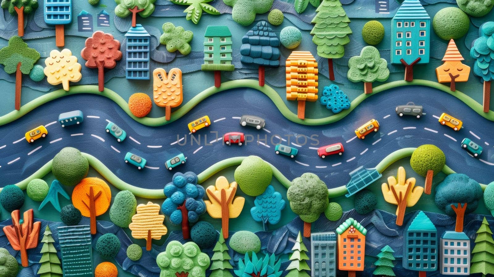 A colorful paper cut out of a city with trees and houses