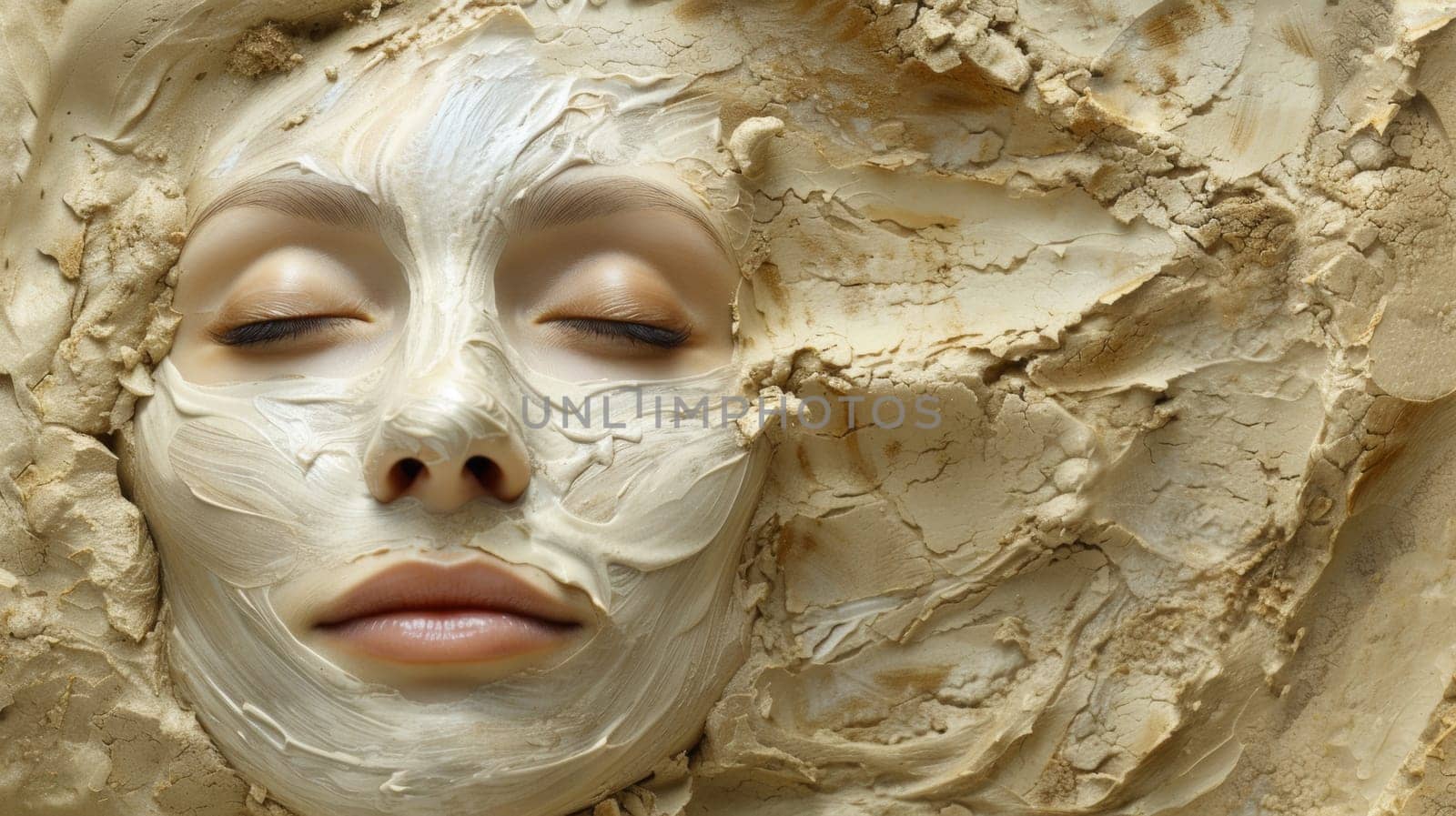 A woman's face covered in clay with a mask on