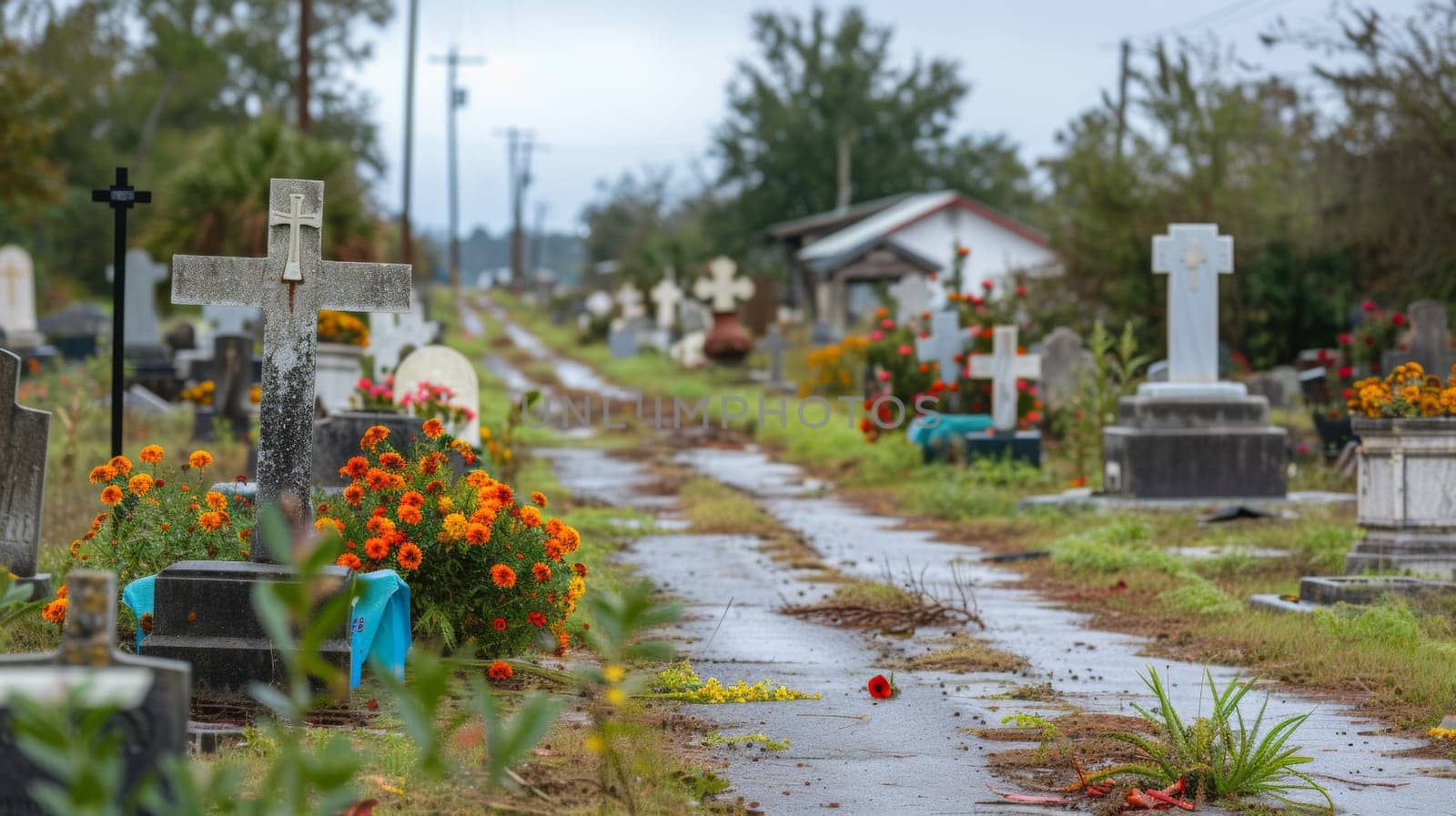 A cemetery with many tombstones and flowers in the background