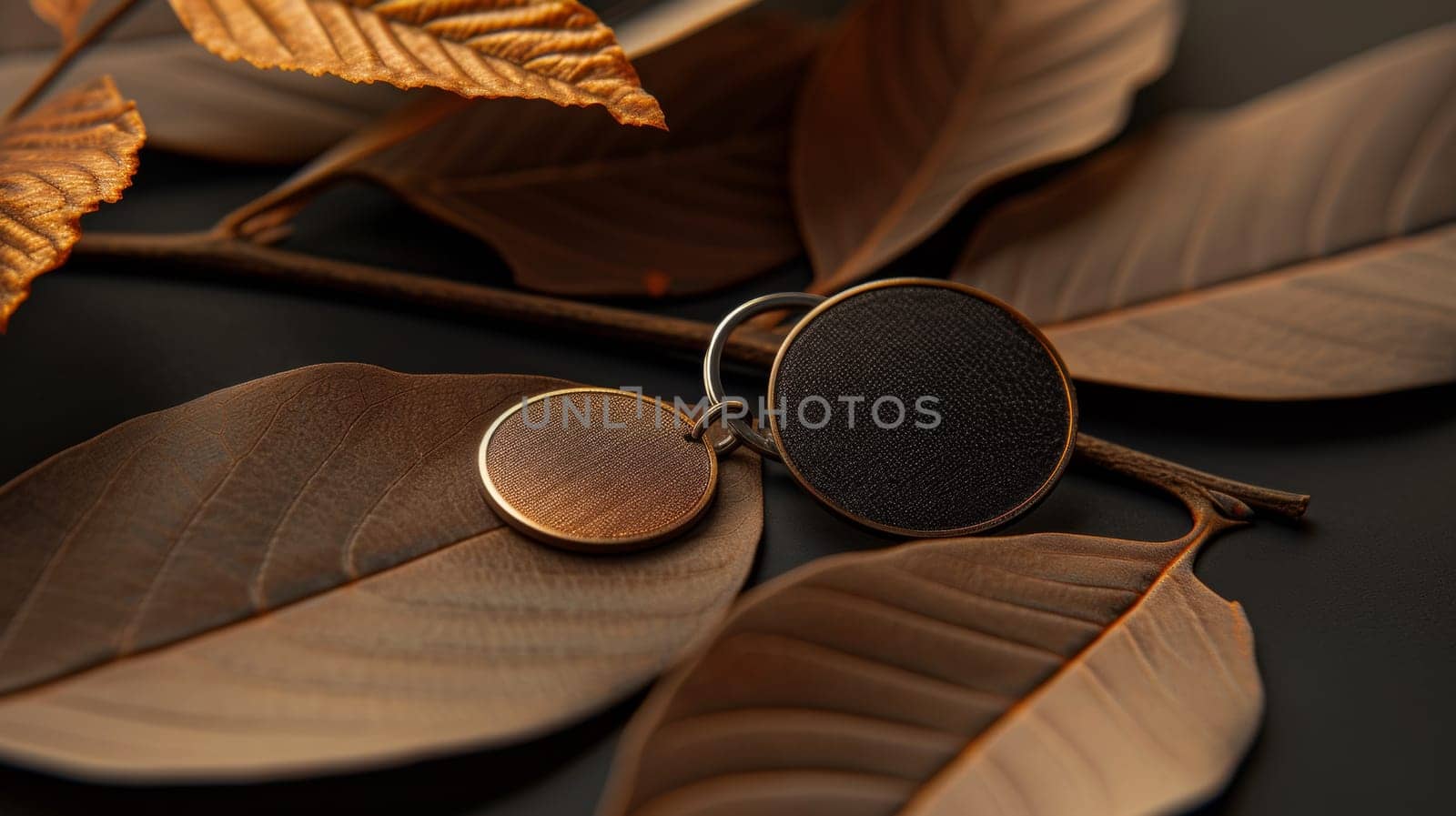 A close up of a pair of earrings sitting on top of leaves