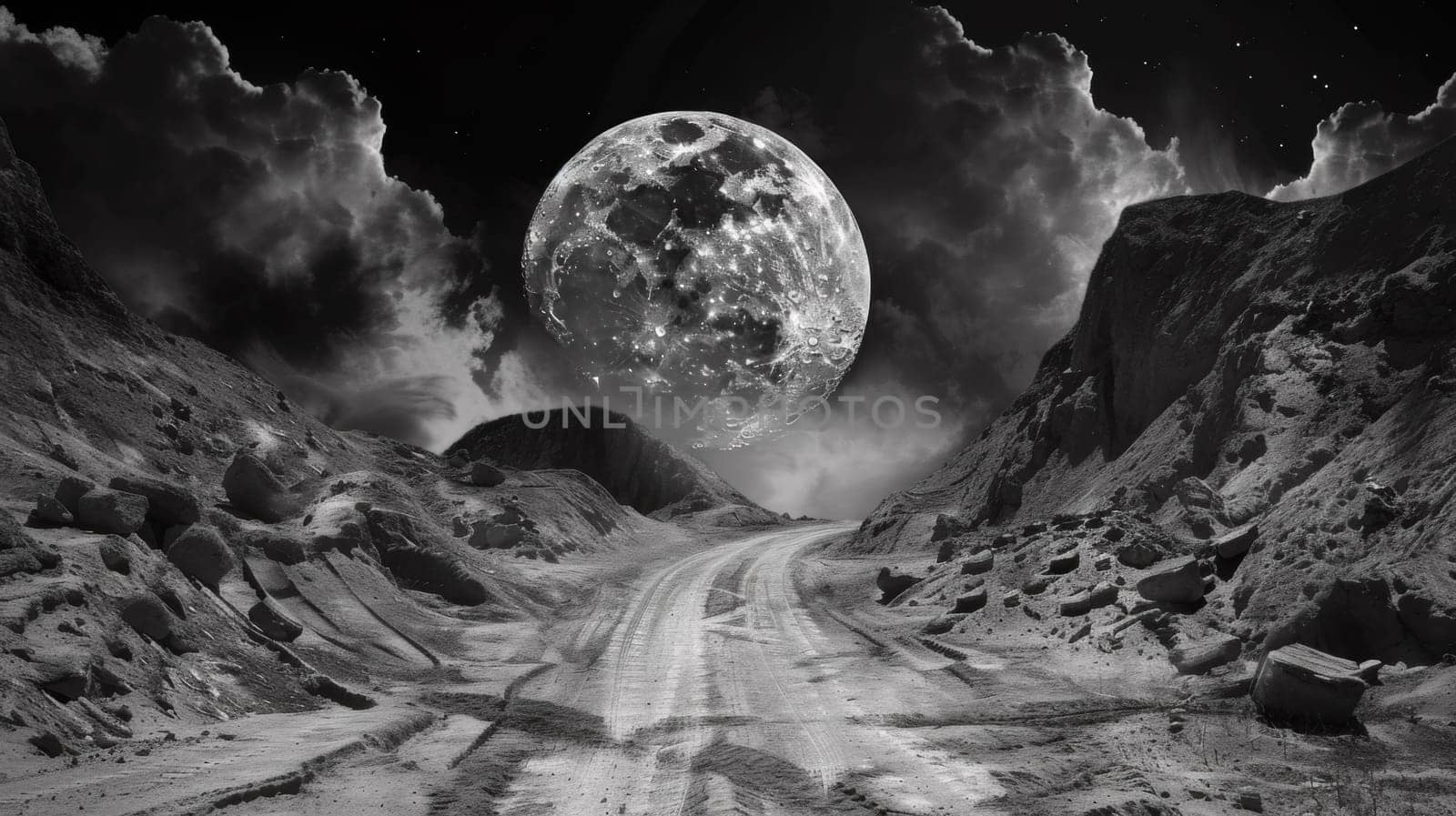 A black and white photo of a road leading to the moon