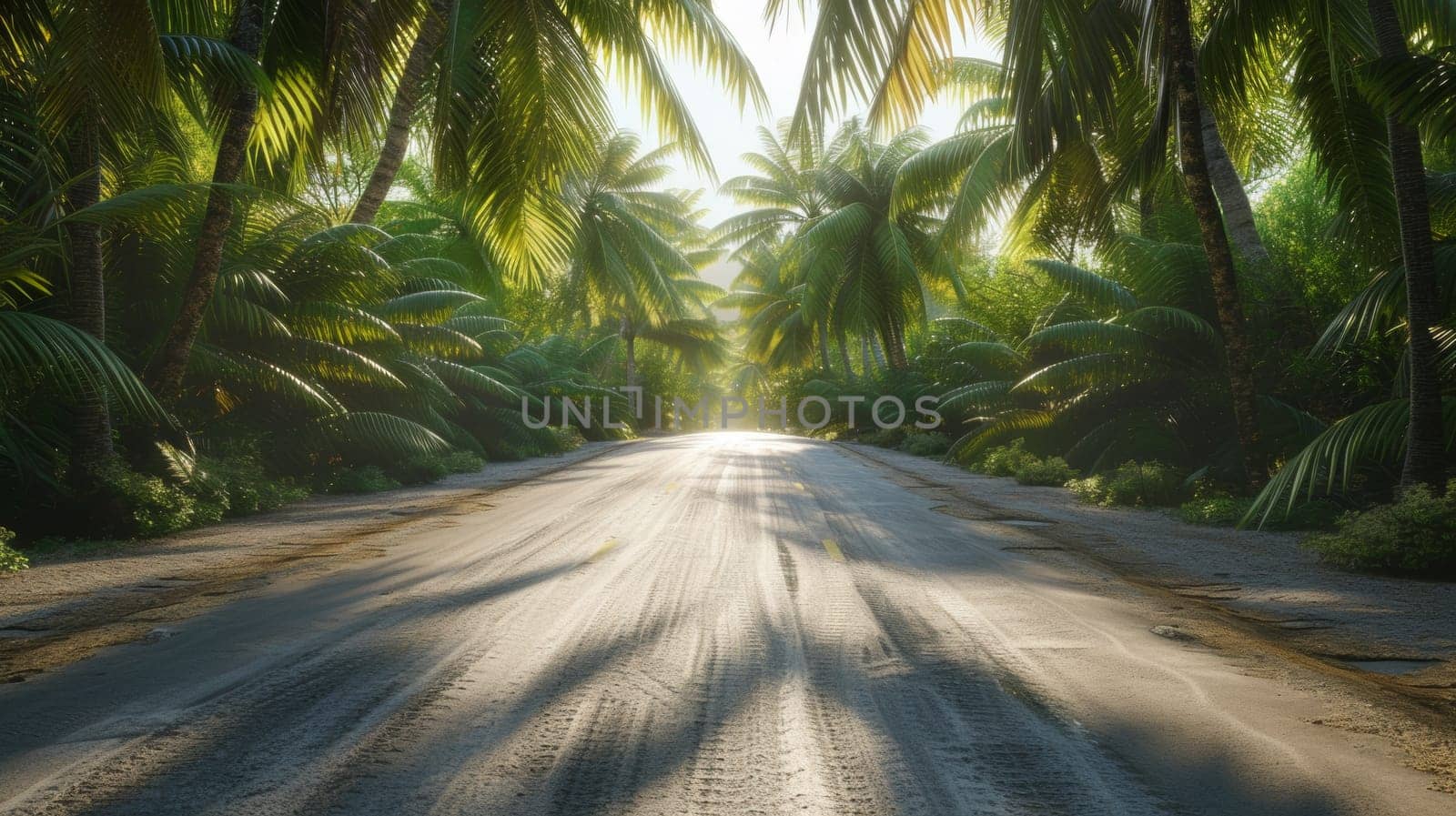 A road with palm trees in the background and sun shining