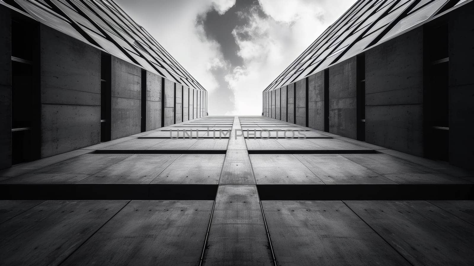 A black and white photo of a building with clouds in the sky