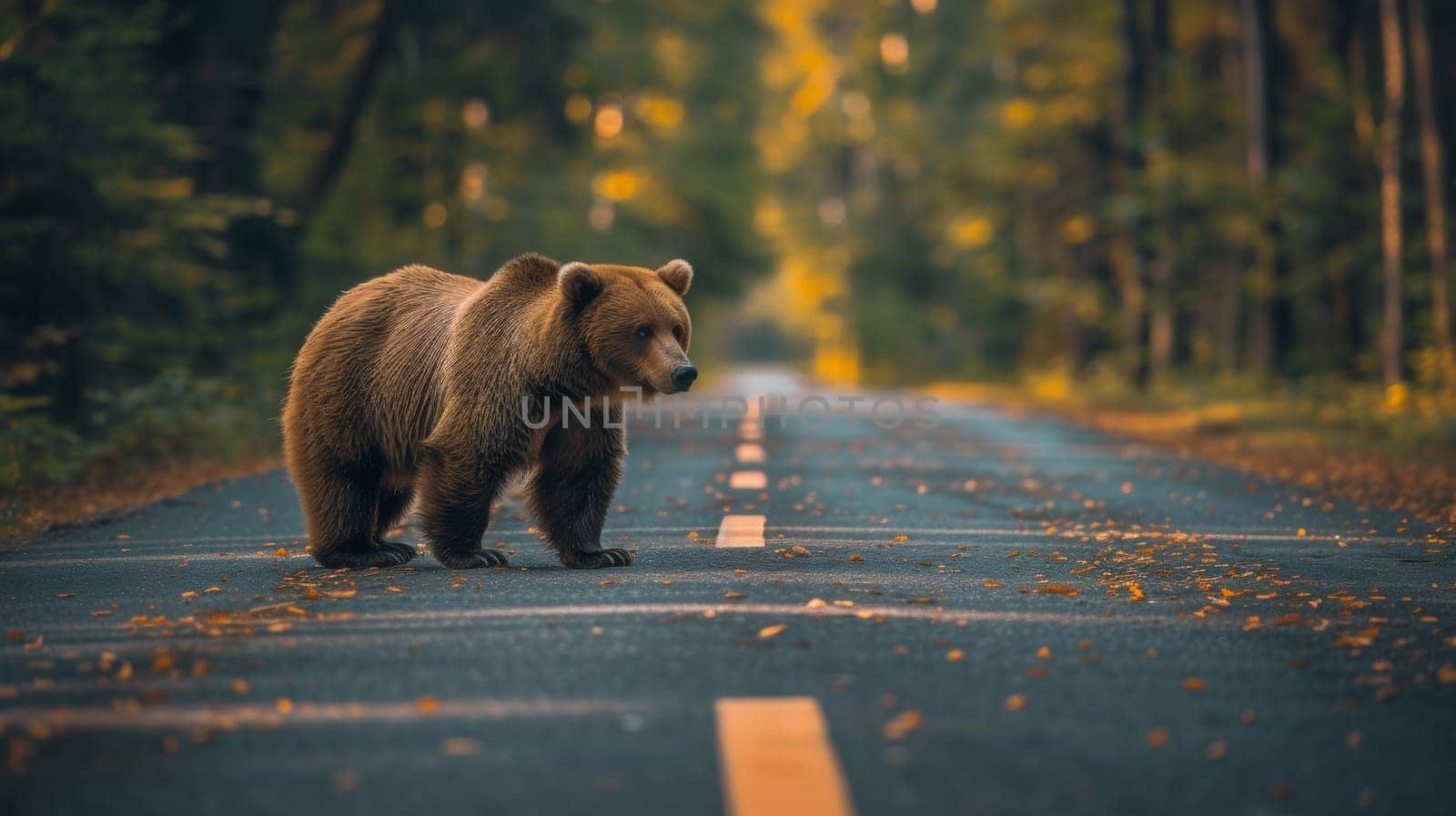 A brown bear walking across a road in the woods