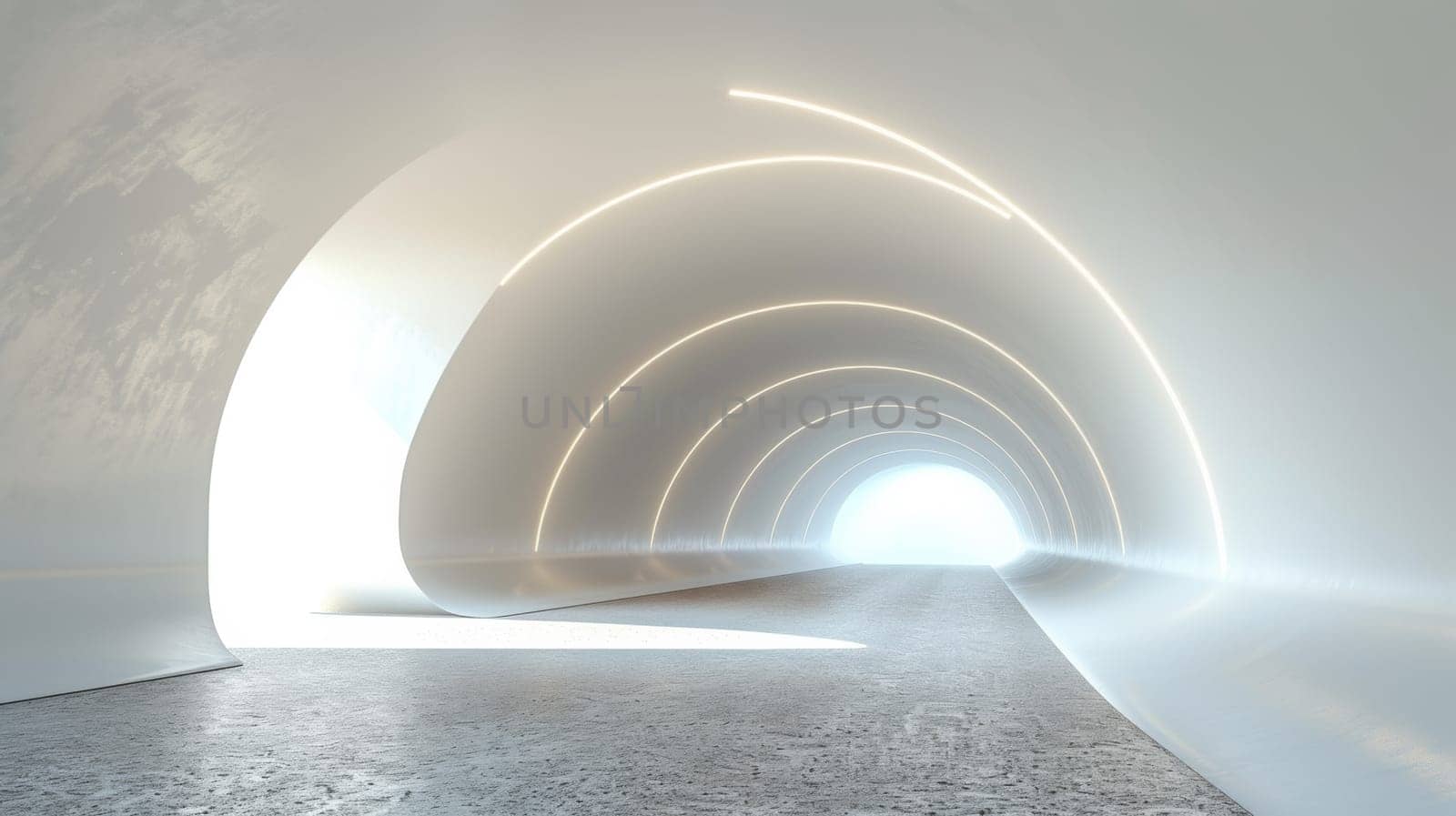 A tunnel with light coming out of it and a white floor