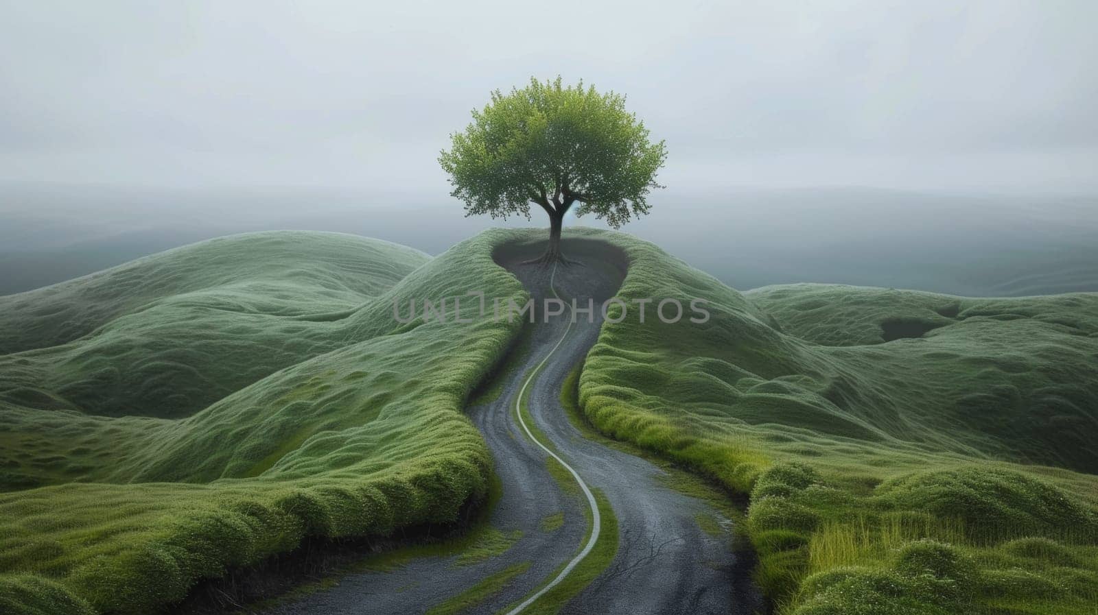 A tree is growing on a winding road in the middle of nowhere