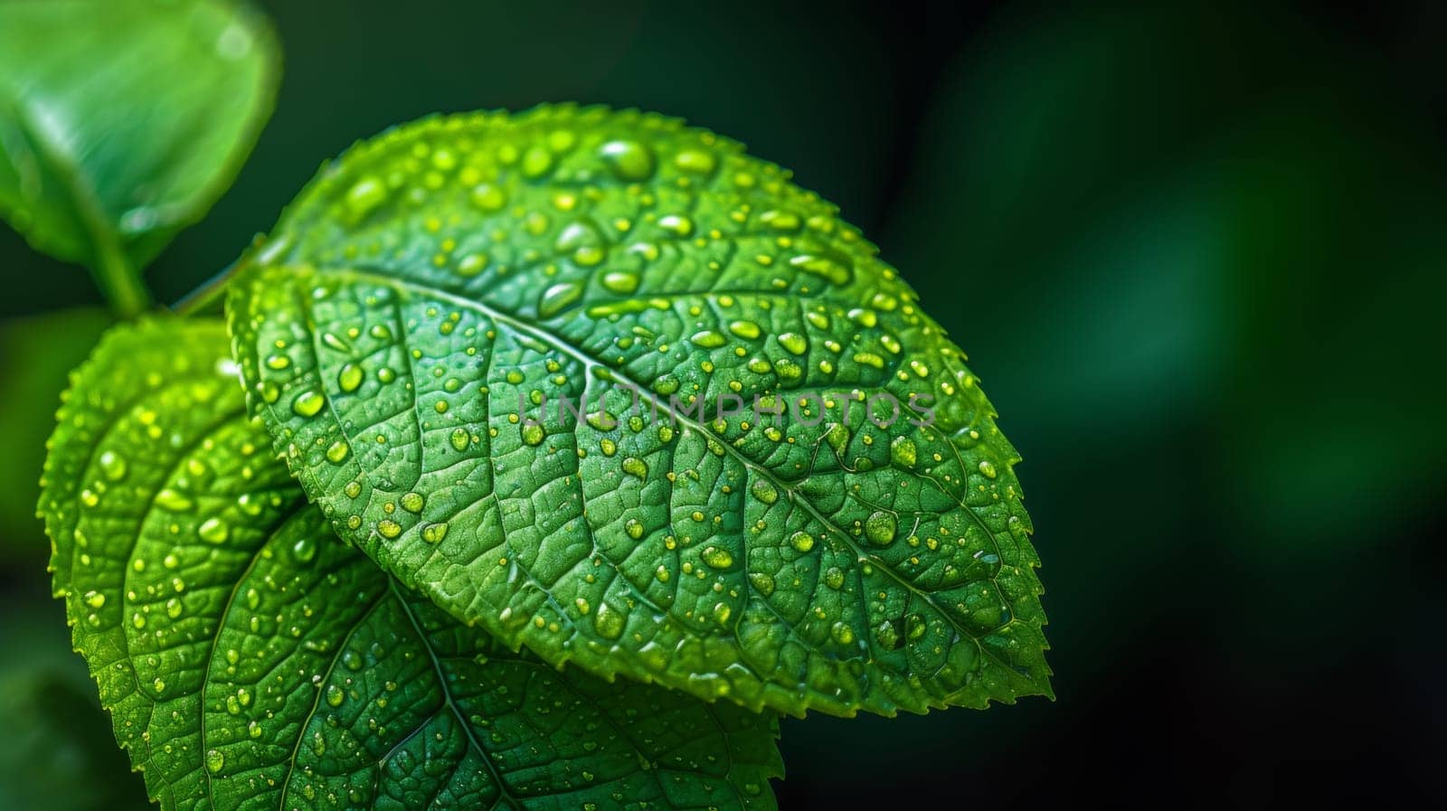 A close up of a green leaf with water droplets on it