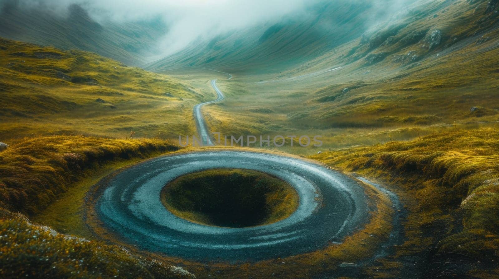 A winding road in a mountainous area with fog and clouds