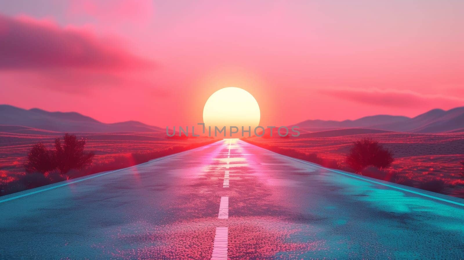 A road with a sunset in the background and an orange sun