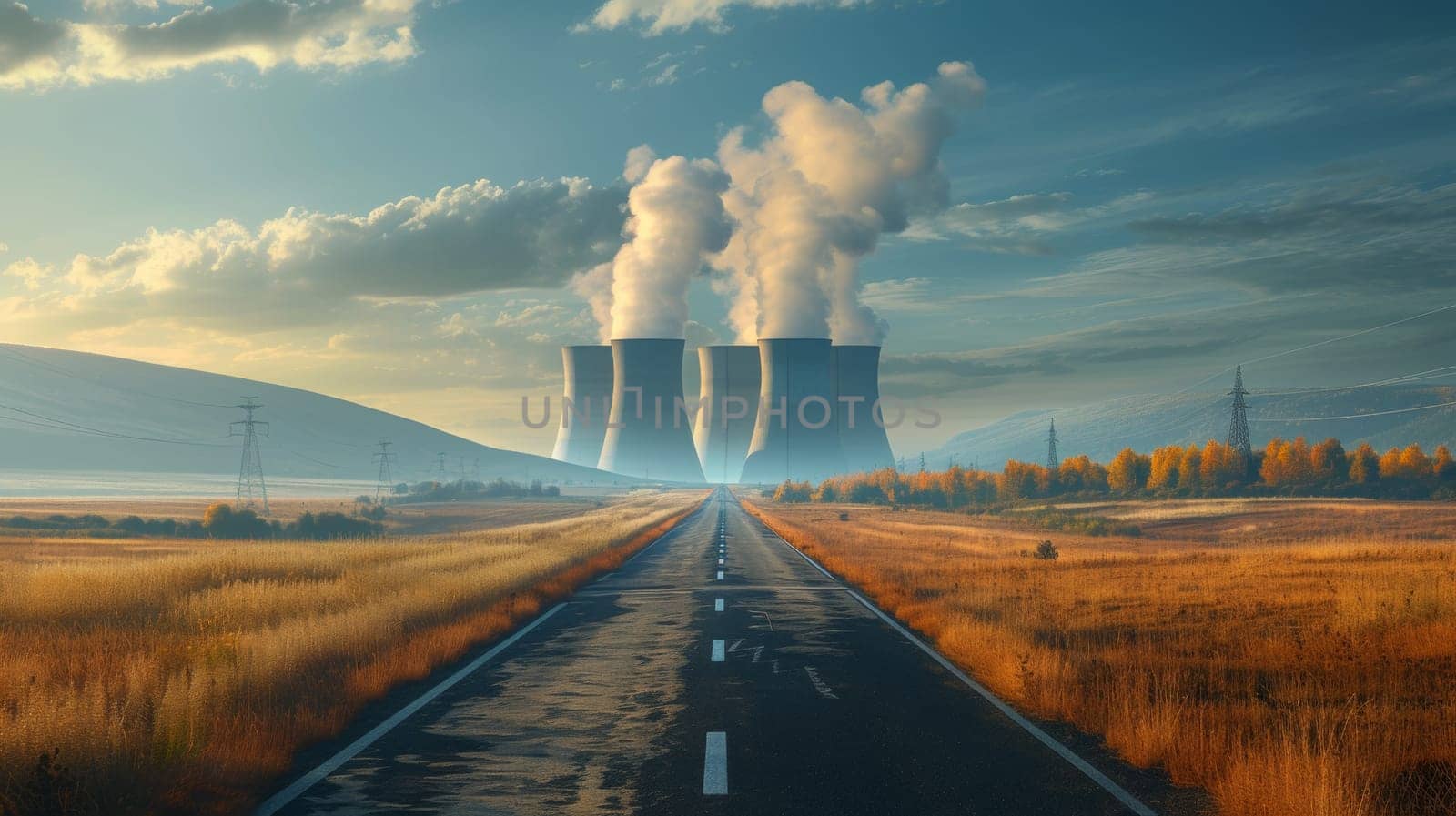 A road with a power plant in the background and trees