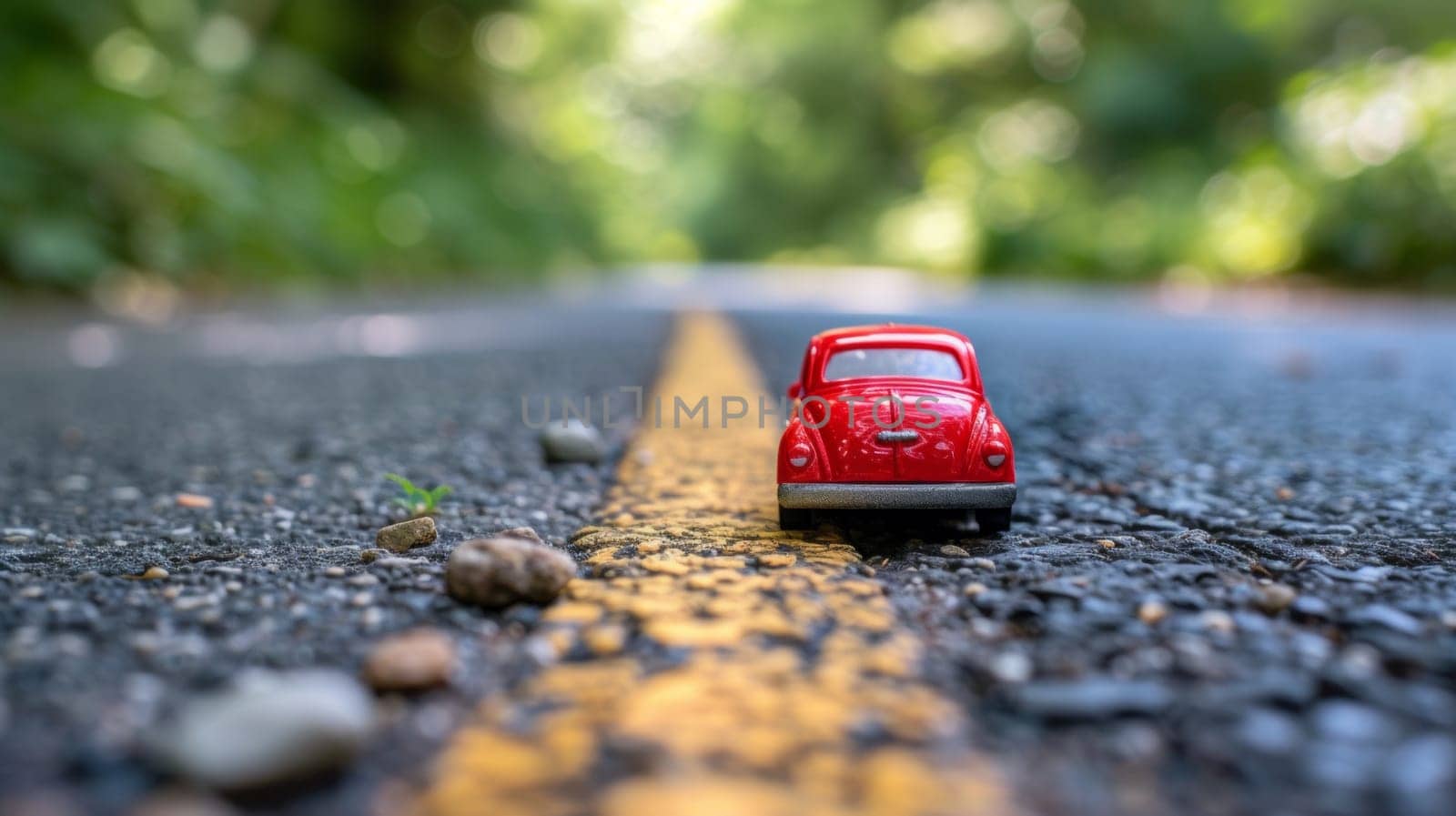 A red toy car is driving down a road with rocks and trees