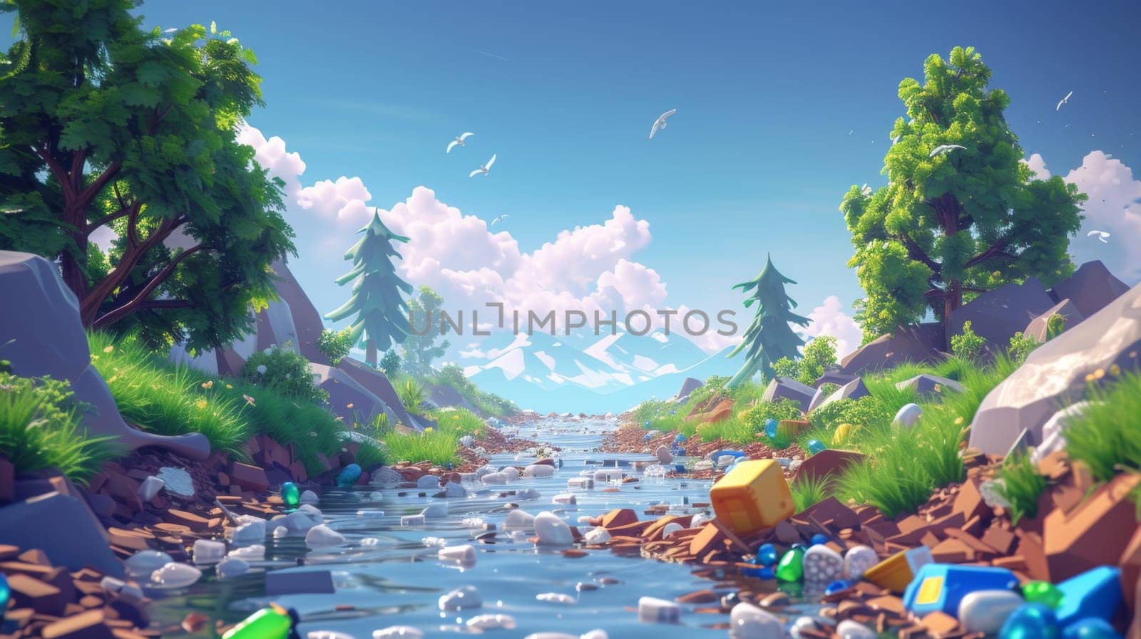 A river with trash and trees in the background