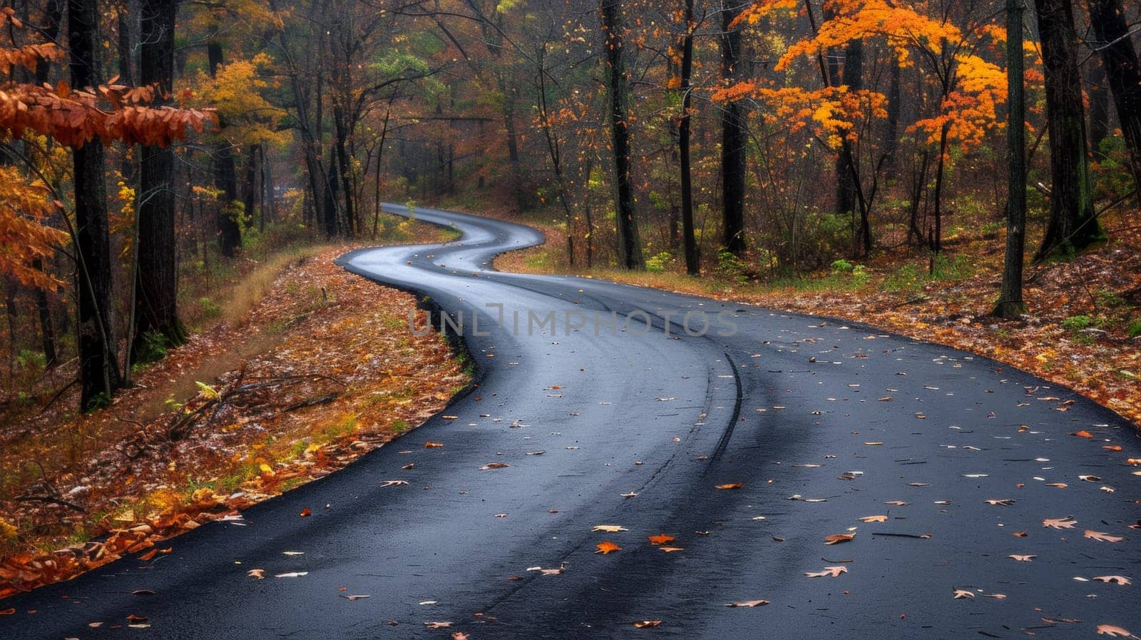 A road in the woods with leaves on it and a leaf covered tree