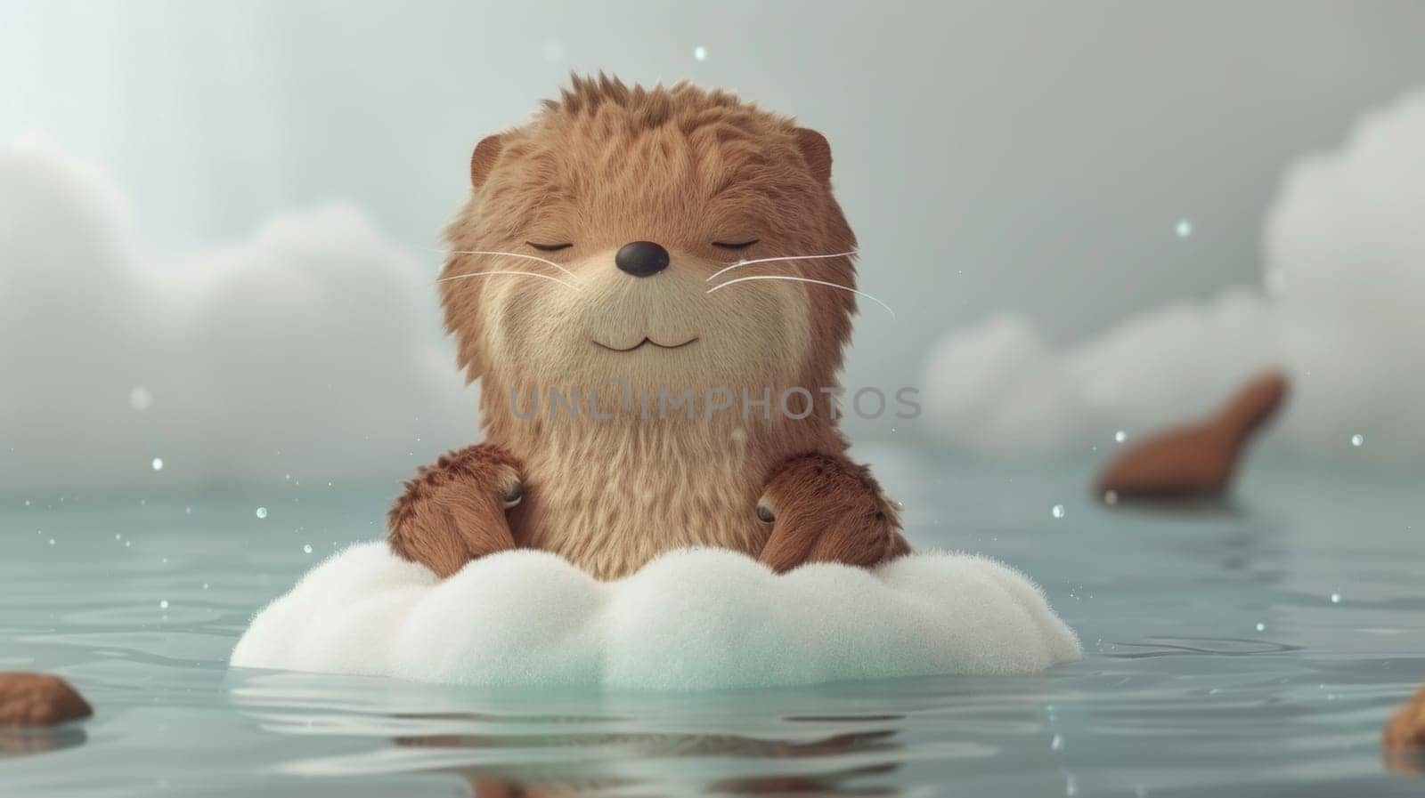 A small otter is floating in the water with a cloud