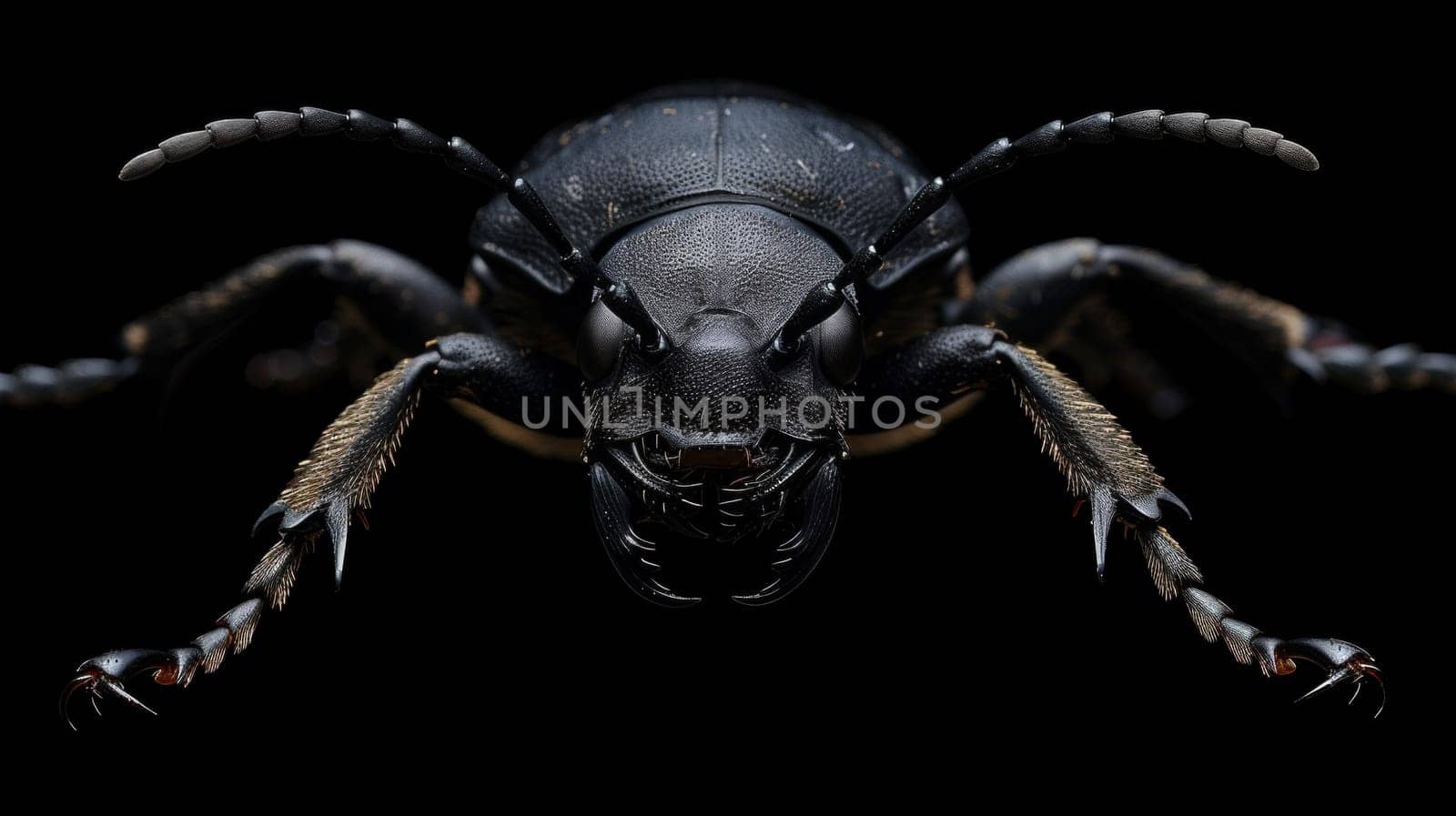 A close up of a bug with long legs and black wings