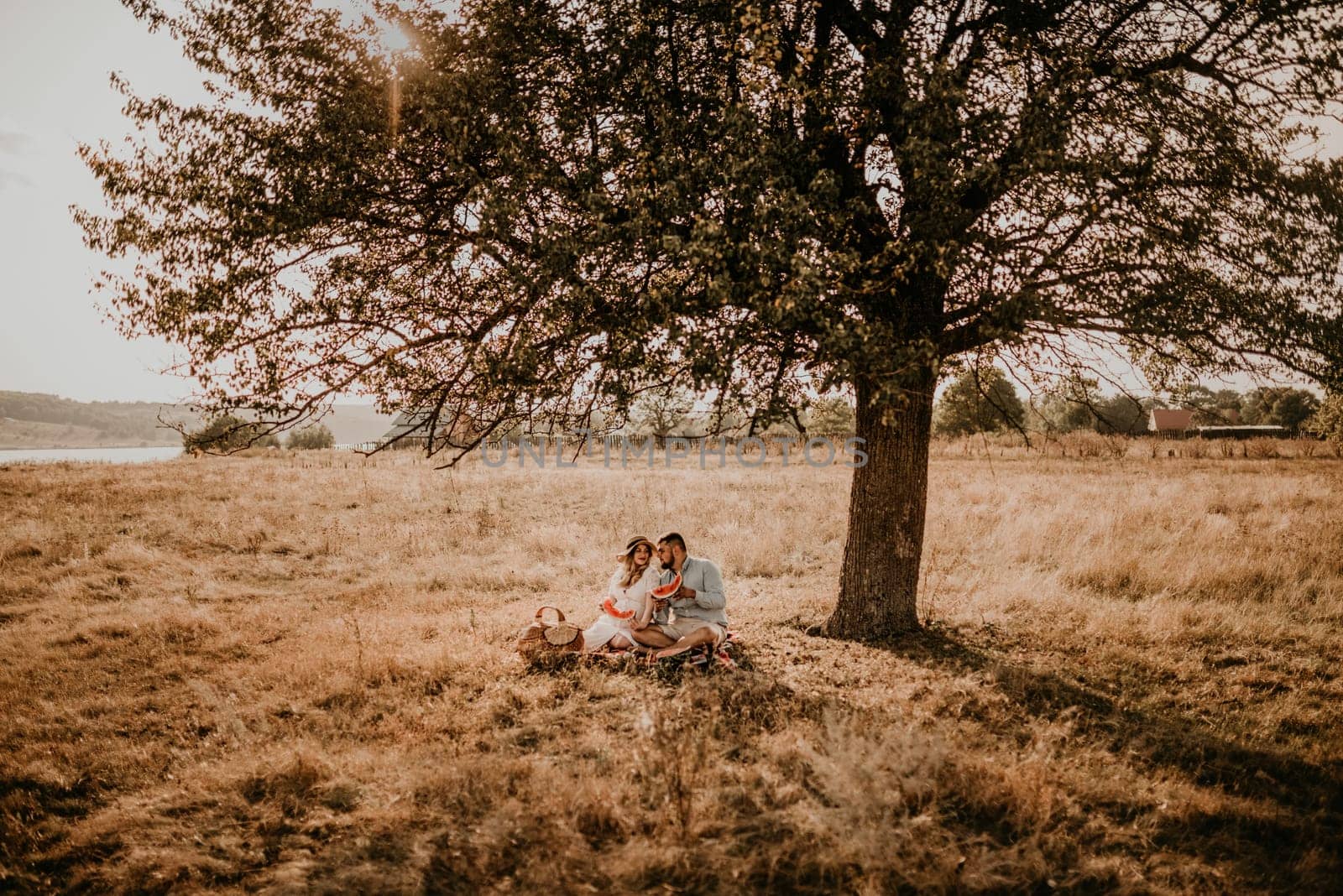 happy European caucasian family with pregnant woman relaxing in nature picnic eating by AndriiDrachuk