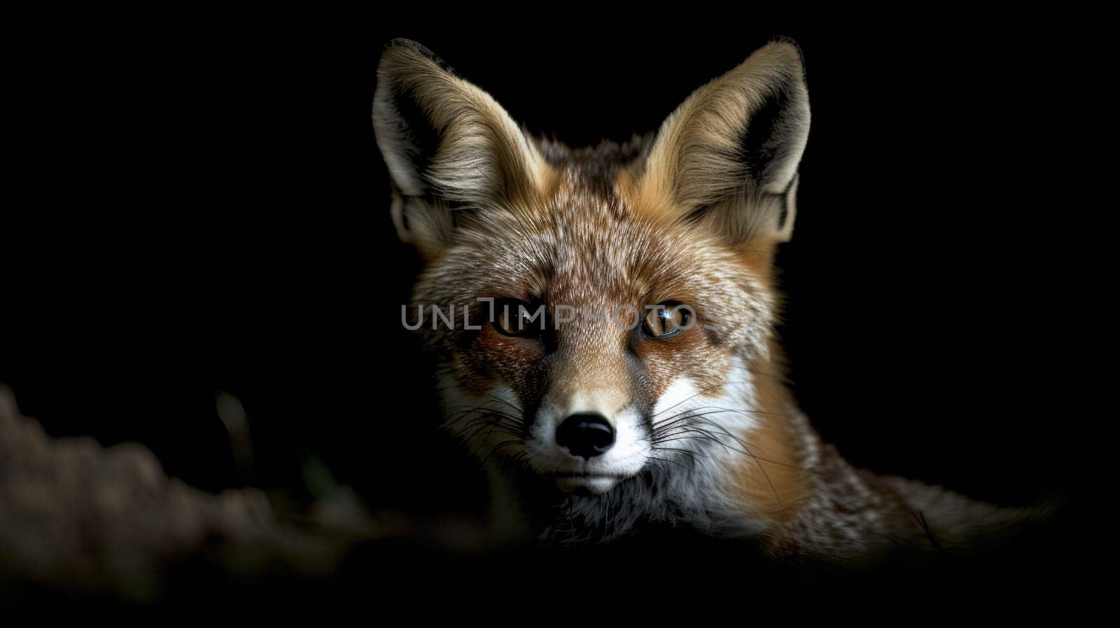 A close up of a fox with bright eyes in the dark
