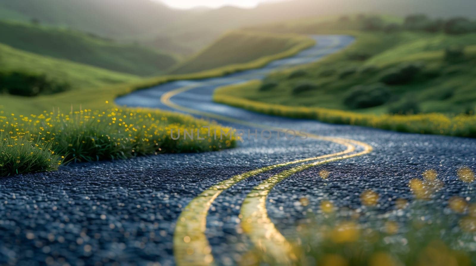 A road with a yellow line painted on it in the middle of grassy hills