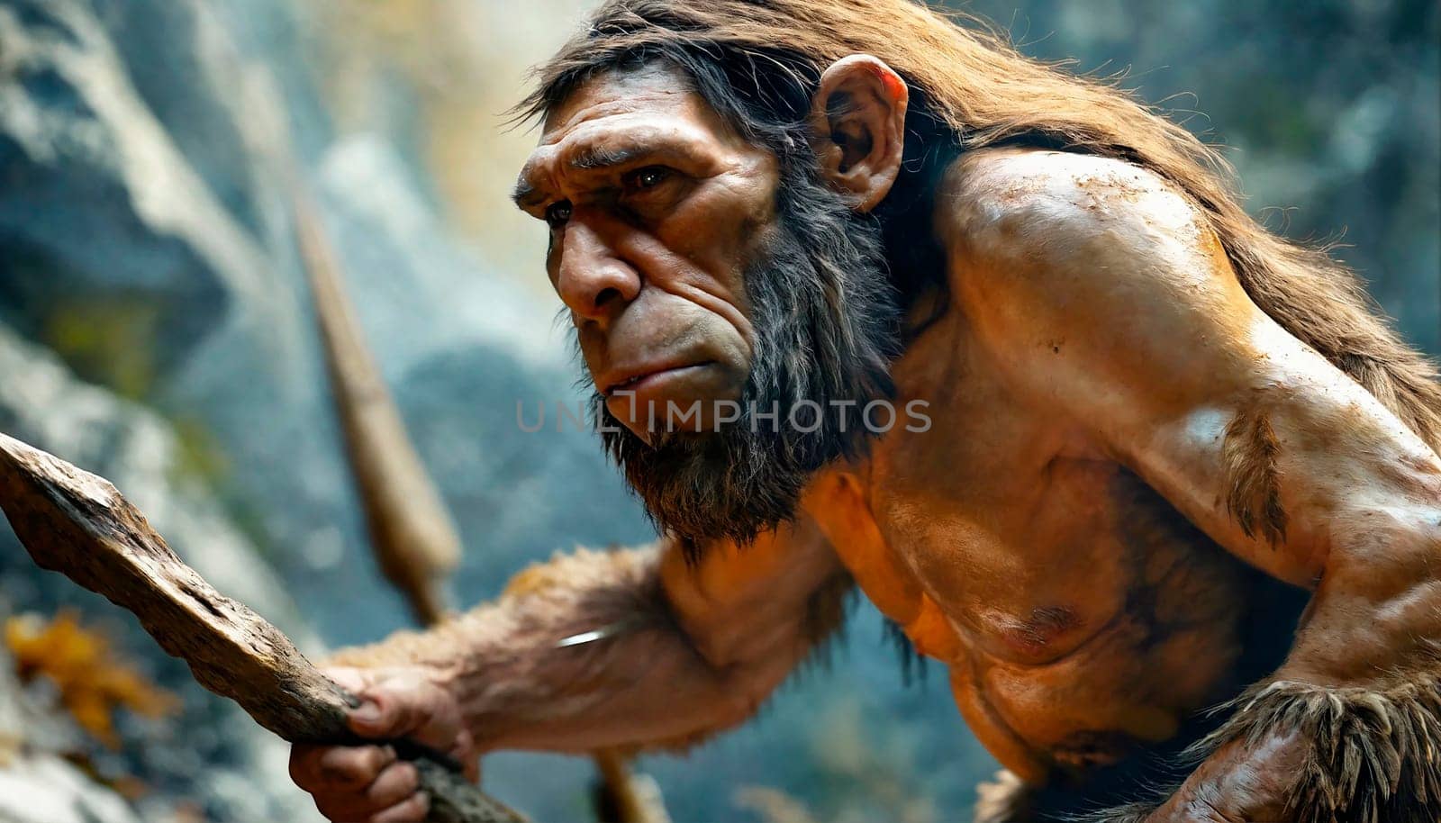 An ancient man with a spear on a hunt. Generative AI. High quality photo