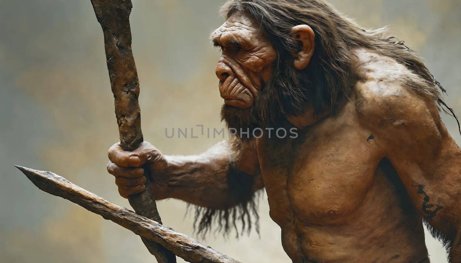An ancient man with a spear on a hunt. Generative AI. High quality photo