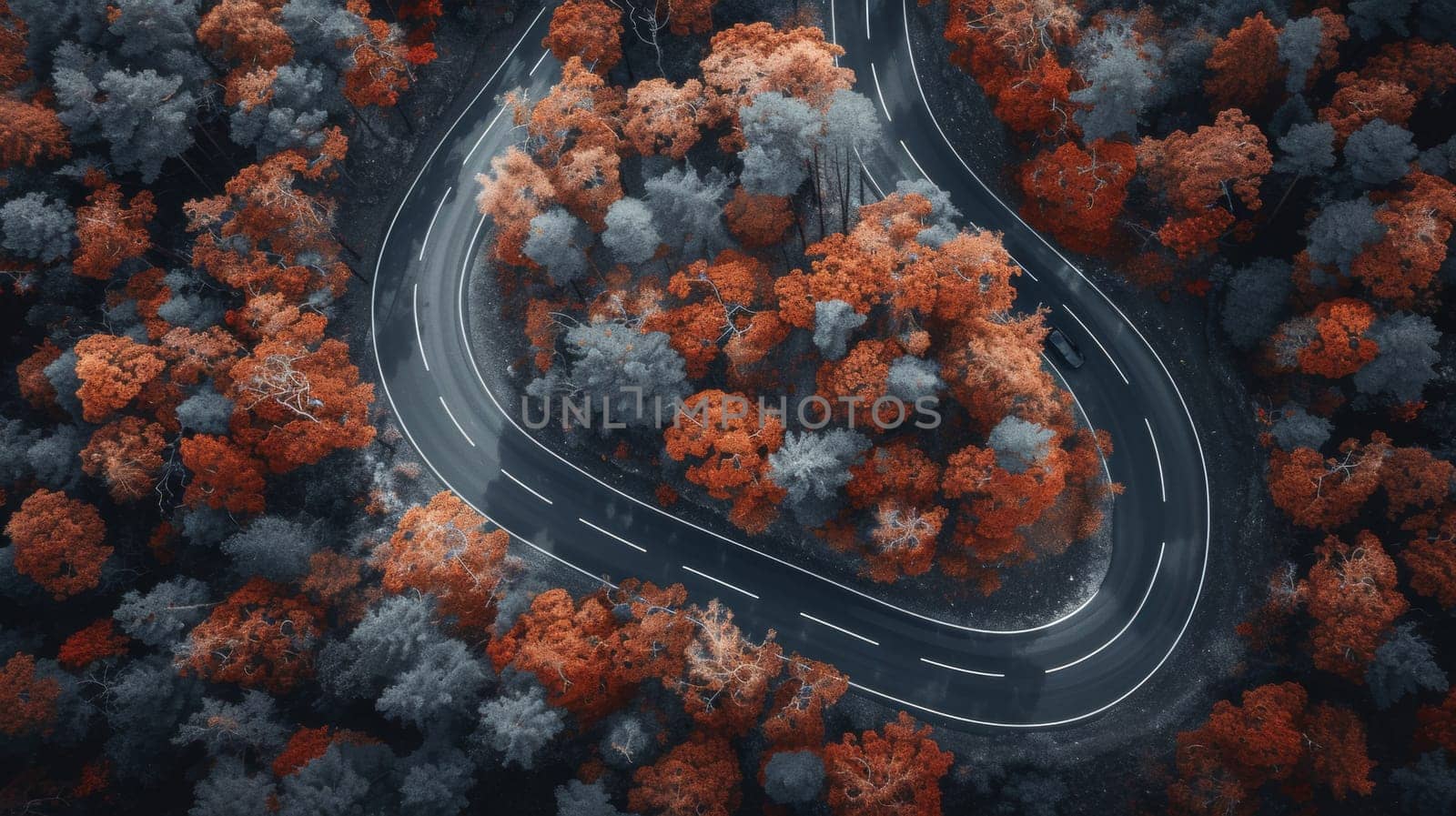 An aerial view of a winding road surrounded by trees