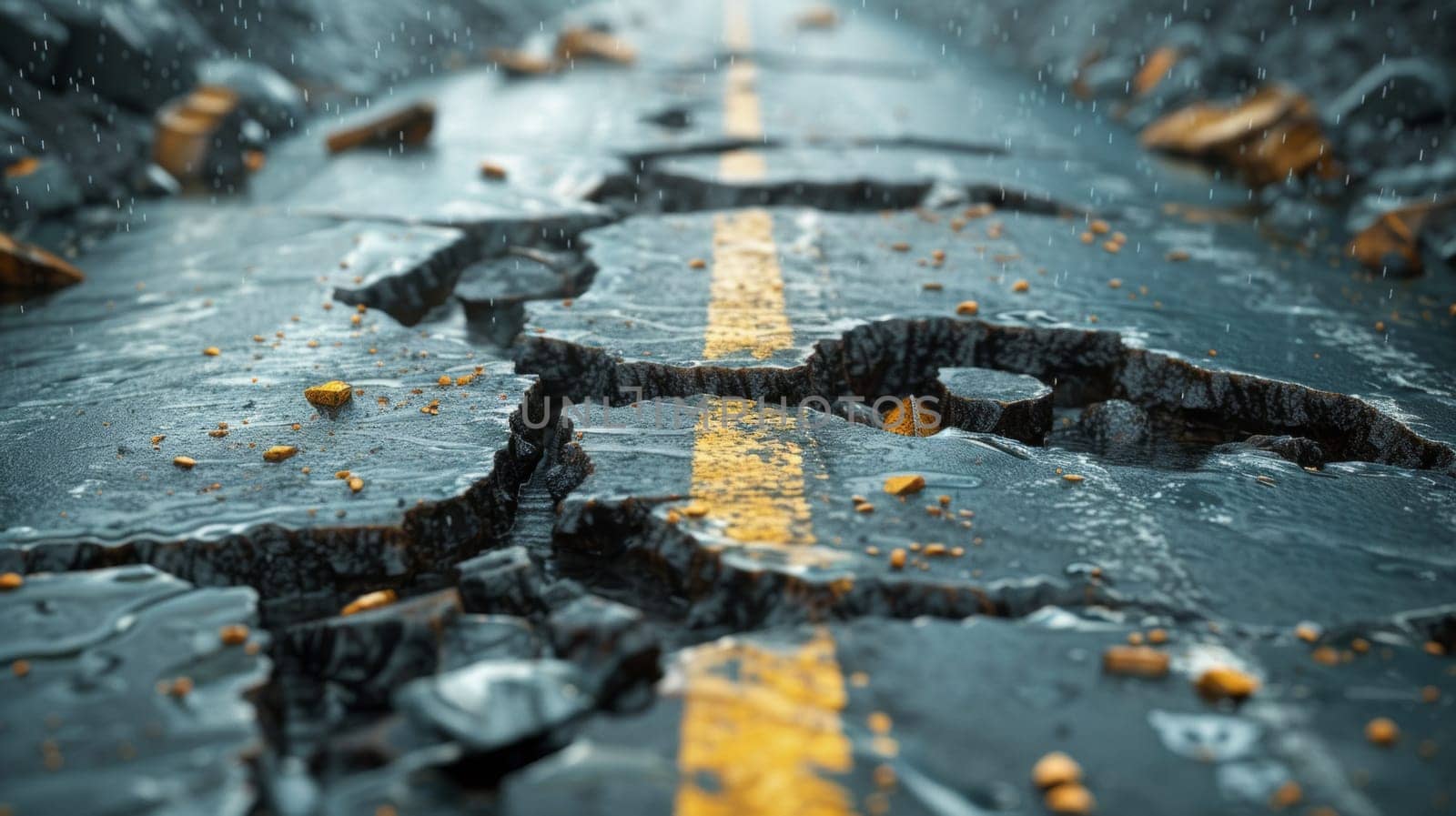 A road with a crack in it and some rocks