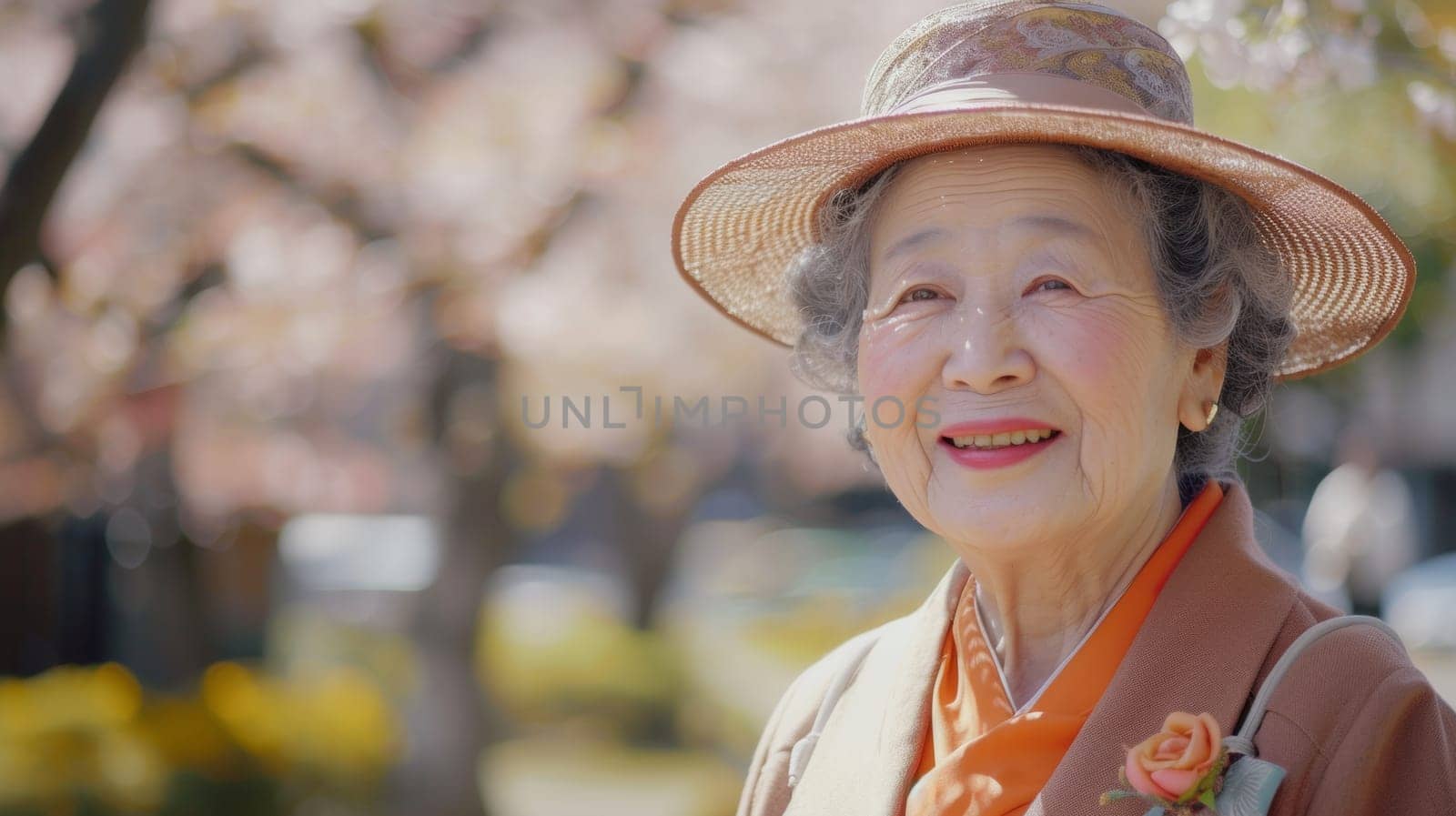 An older woman wearing a hat and smiling in the sun