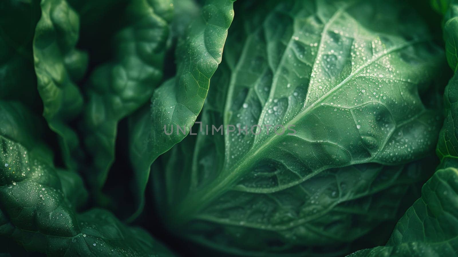 A close up of a green leaf with water droplets on it