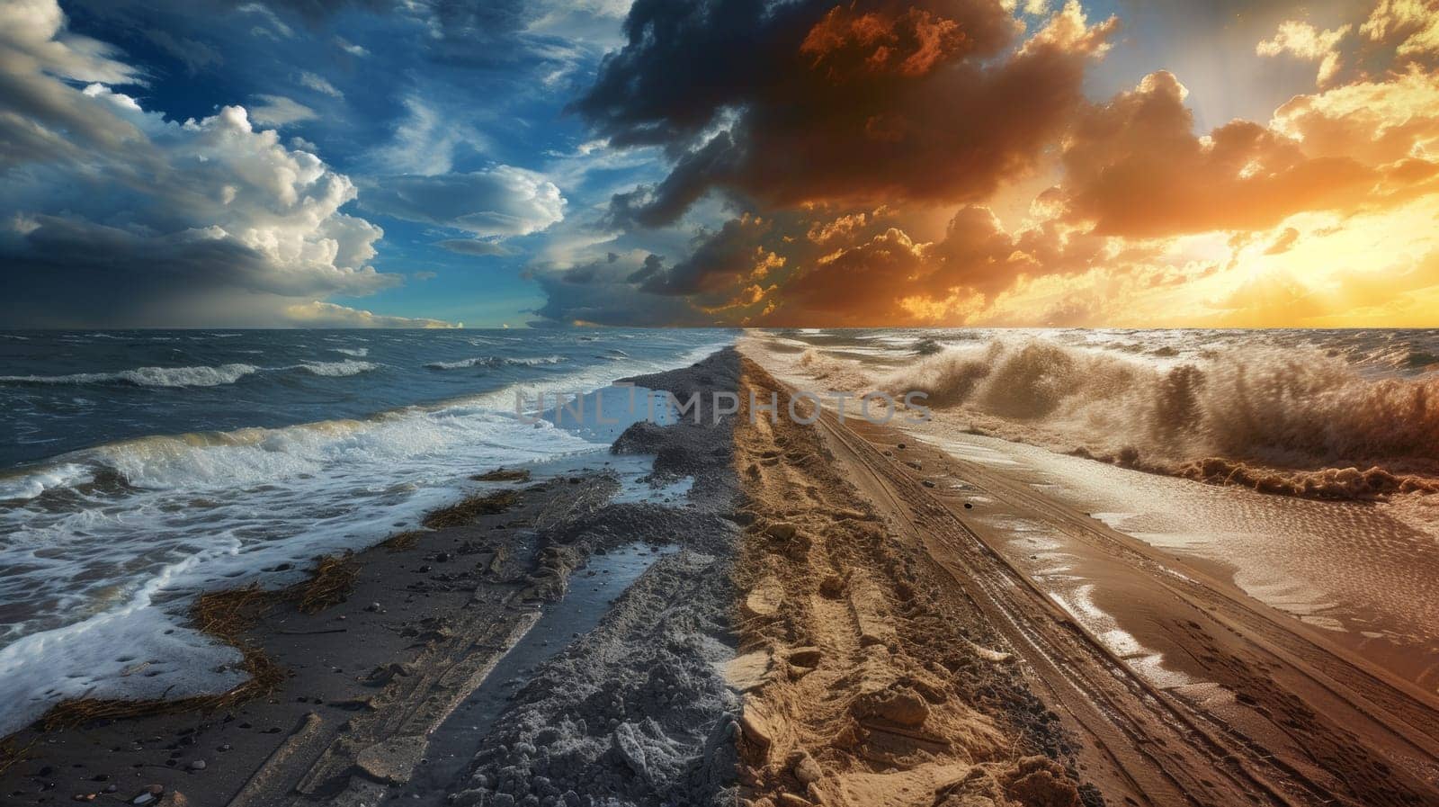 A picture of a beach with waves crashing on the shore