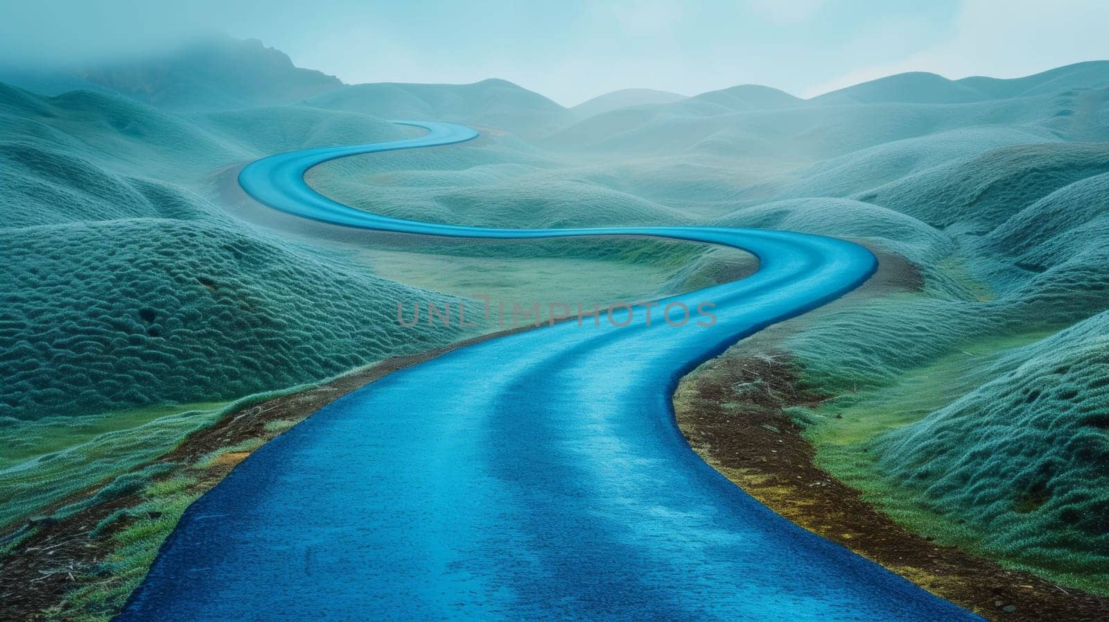 A blue road winding through a green landscape with mountains in the background