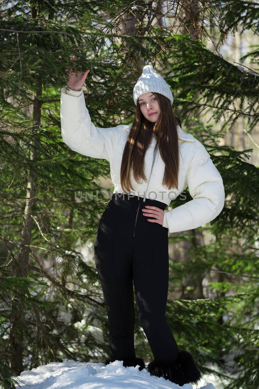 Teenager girl standing in winter pine forest. Brunette teen female looking at camera. Fashion model by Alexander-Piragis