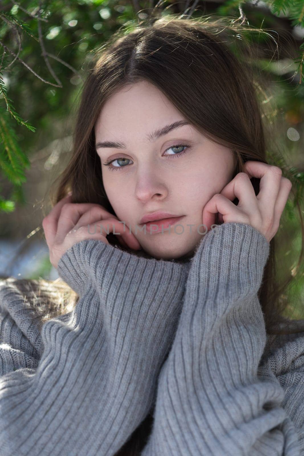 Headshot of teen girl 17 year old looking at camera, raised hands to face on natural background in pine forest. Portrait of brunette teenager female with long hair and no make-up, wearing gray sweater